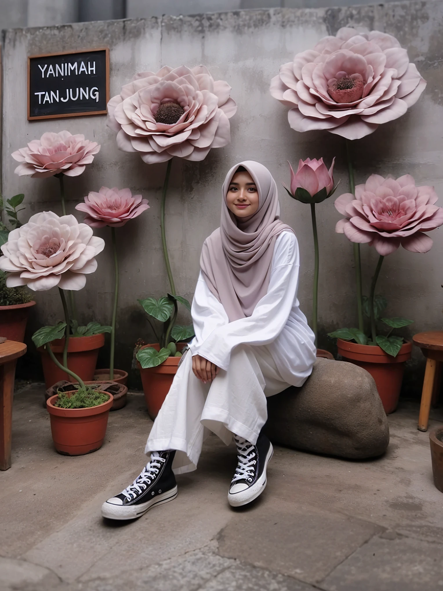 there is a woman standing in front of a display of flowers, white hijab, hijab, with flowers, in garden, 👁🌹👾, inspired by Naza, ☁🌪🌙👩🏾, flowers in background, taken in 2 0 2 0, inspired by Fathi Hassan, aesthetic!!, in pastel colors, an aesthetic!, smooth in _ the background