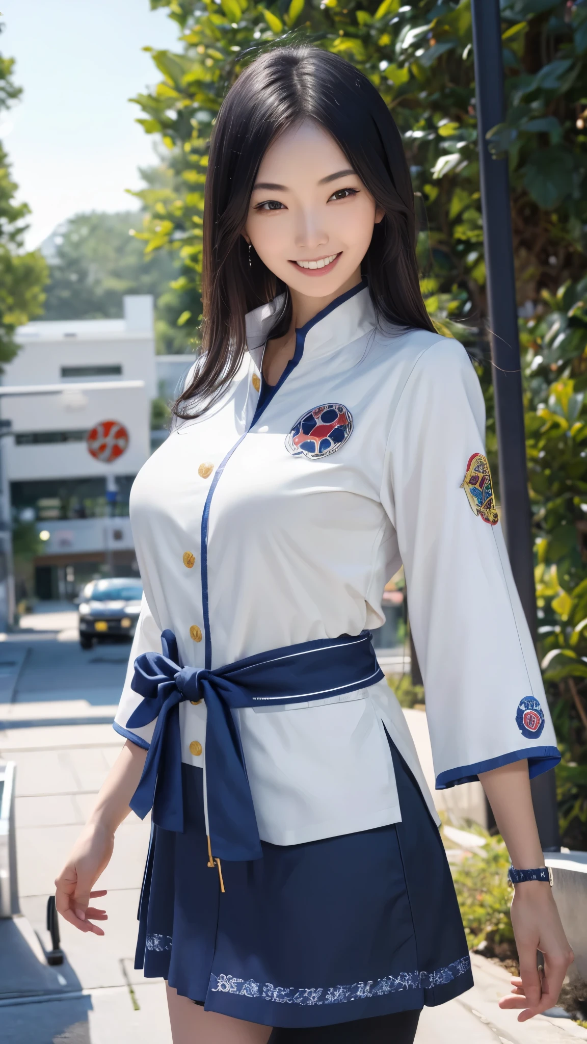 (best quality,4k,8k,highres,masterpiece:1.2),ultra-detailed, Japanese Goddess Amaterasu as a Japanese American college student, Female, Nao Nagasawa, long Black hair, Blue academy uniform with yellow accents, smiling at viewer, seducing viewer, walking down American street, HDR, 8k, absurdres, cinestill 800, sharp focus ((Masterpiece, best quality) (solo woman) add_detail:3