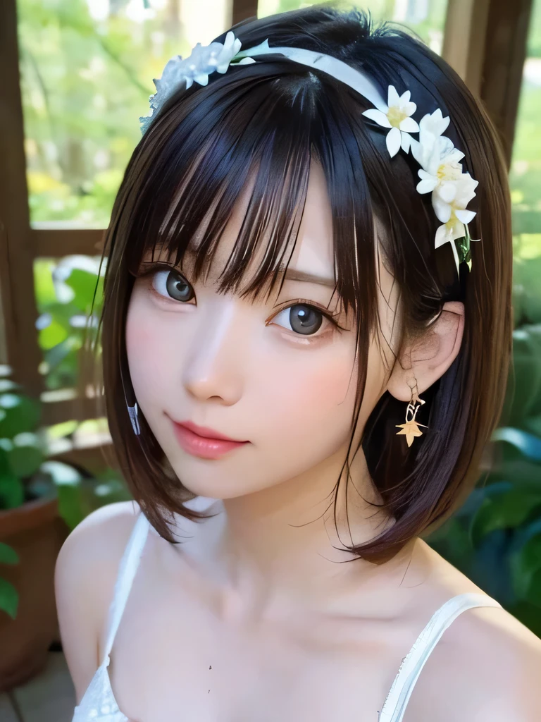 masterpiece, highest quality, １６K,enlightenment, Sax Blue, platinum earrings, platinum necklace, white dress, 1 girl, cute, (dynamic lighting:1.2), cinematic lighting, delicate features, detailed eye, sharp pupils, realistic student, in the forest, Bokeh, sharp focus, (super detailed, bloom, shine:1.4), brown eyes、brown hair、she is a tree fairy、forest background、in the forest、headband、