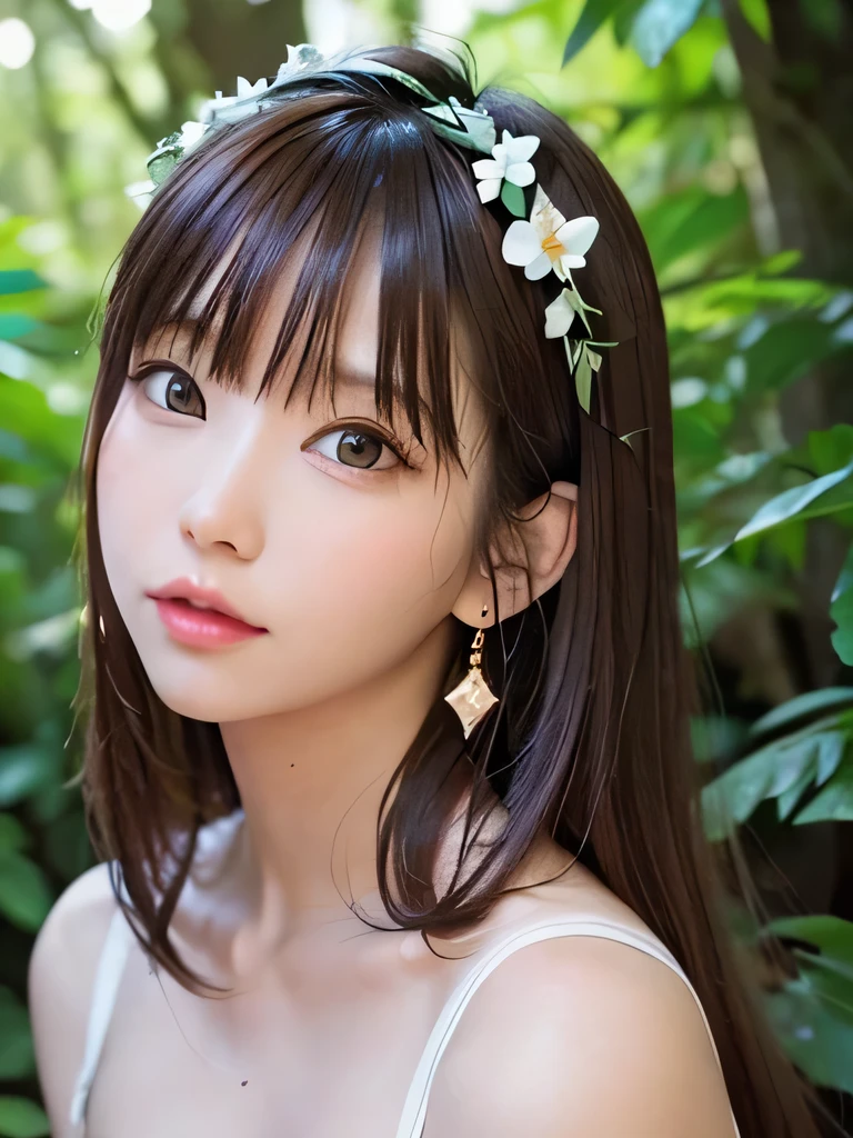 masterpiece, highest quality, 16K,enlightenment, Sax Blue, platinum earrings, platinum necklace, white dress, 1 girl, cute, (dynamic lighting:1.2), cinematic lighting, delicate features, detailed eye, sharp pupils, realistic student, in the forest, Bokeh, sharp focus, (super detailed, bloom, shine:1.4), brown eyes、brown hair、she is a tree fairy、forest background、in the forest、headband、