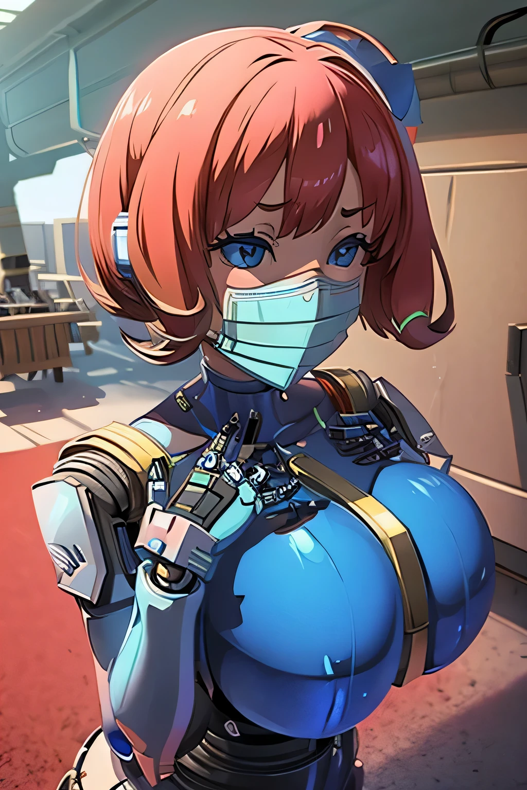 robot girl, humanoid robot, robot joints, full face mask, huge tits