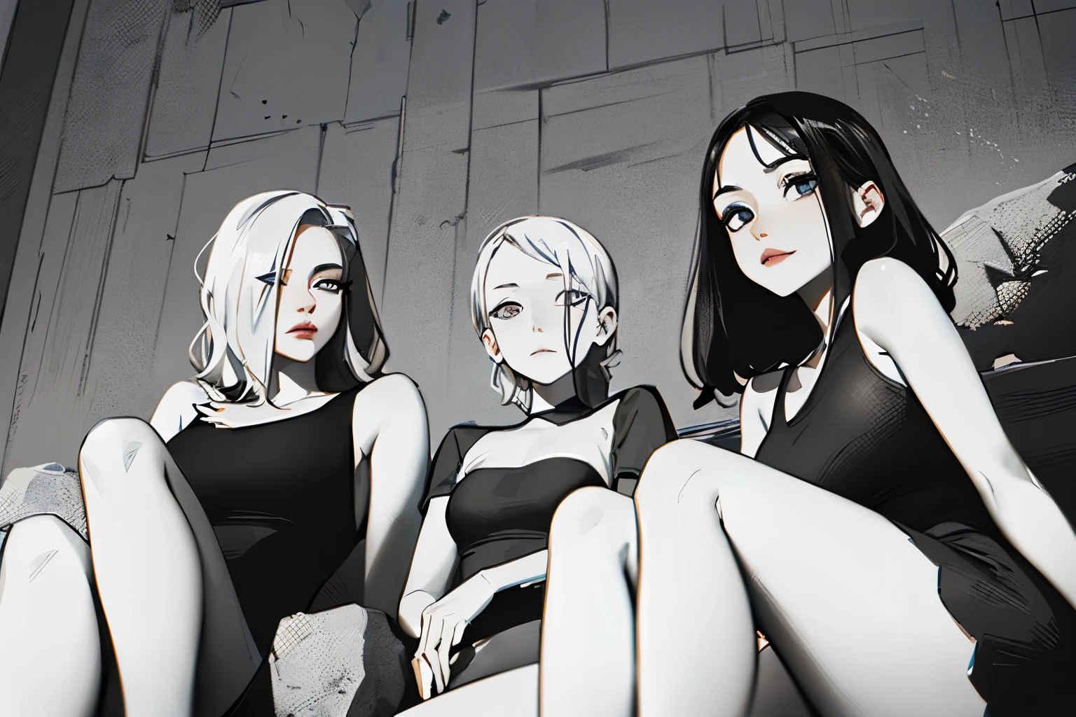 ((Three girls in one piece sitting on a stone staircase and chatting)), (((Detailed beautiful face)))), (((Detailed beautiful eyes)))), Long eyelashes, lipstick, shy expression, red cheeks , ((from the front, from below)), dusk, (masterpiece), super high resolution, hands behind