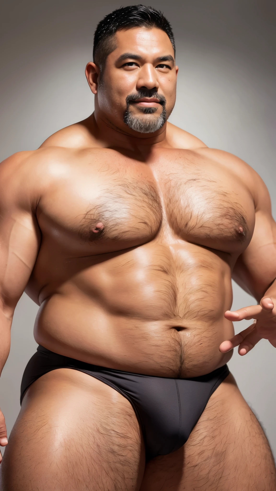 black hair, middle-aged man, individual, male, Muscular wrestler, muscular, Stout wrestler, Asian, Japanese, uncle, 55 year old middle-aged man, short hair, short hair, white wrestling boots, full body portrait, shadow, Vision, white briefs, obesity, 45 years old, short beard, middle-aged man, tattoo, fingerless gloves, Wheat skin, shiny skin, dark skin, Show your pectoral muscles, sumo wrestler, bodybuilder, wide temples, Visible abdominal muscles, Smile, Fine hands, solid color background, pure white background, Surrealism, Panorama, 8k, super detail,