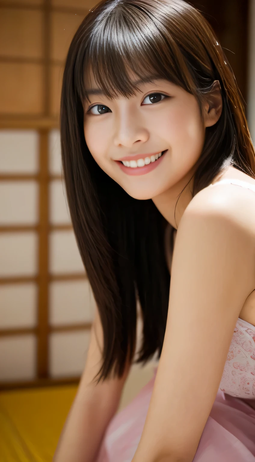 masterpiece,best quality,(Japanese ),((Beautiful girl)),cleavage,indoor,(perfect body beauty:1.2),(shy smile),beautiful teeth,