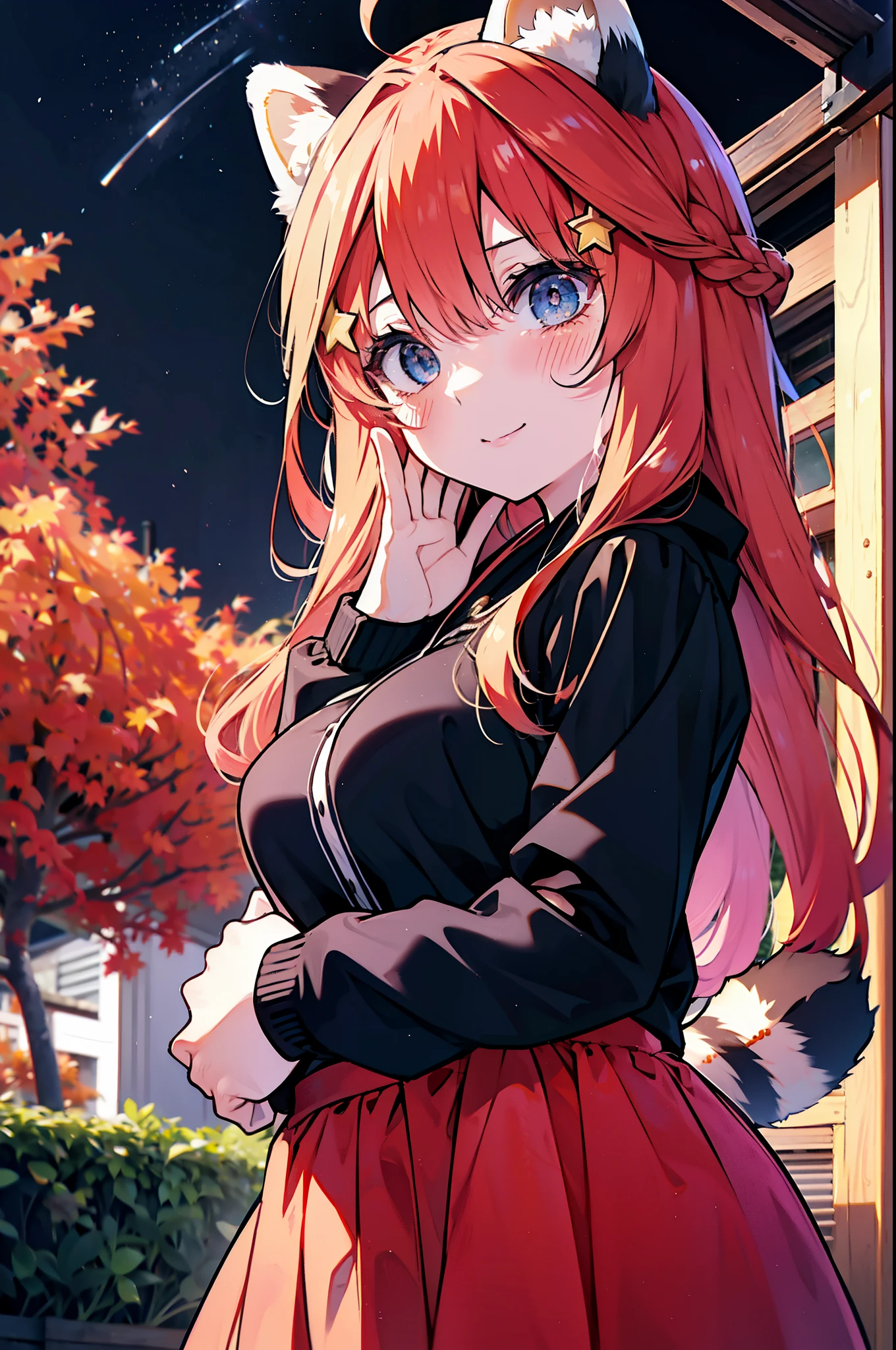 itsukinakano, itsuki nakano, bangs, blue eyes, hair between eyes, Ahoge, redhead, star \(symbol\), short braided hair,hair ornaments, star hair ornaments,smile,blush,animal ears　raccoon ears,animal tail　raccoon tail,Akabuchi Glasses,red hoodie,white long skirt,Cute Sandals,autumn leaves,autumn leavesが散っている,autumn leaves道,whole bodyがイラストに入るように,night,moonlight,moonlight,
break outdoors,garden,
break looking at viewer,whole body,(cowboy shot:1.5),
break (masterpiece:1.2), highest quality, High resolution, unity 8k wallpaper, (shape:0.8), (beautiful deしっぽed eyes:1.6), extremely deしっぽed face, perfect lighting, extremely deしっぽed CG, (perfect hands, perfect anatomy),