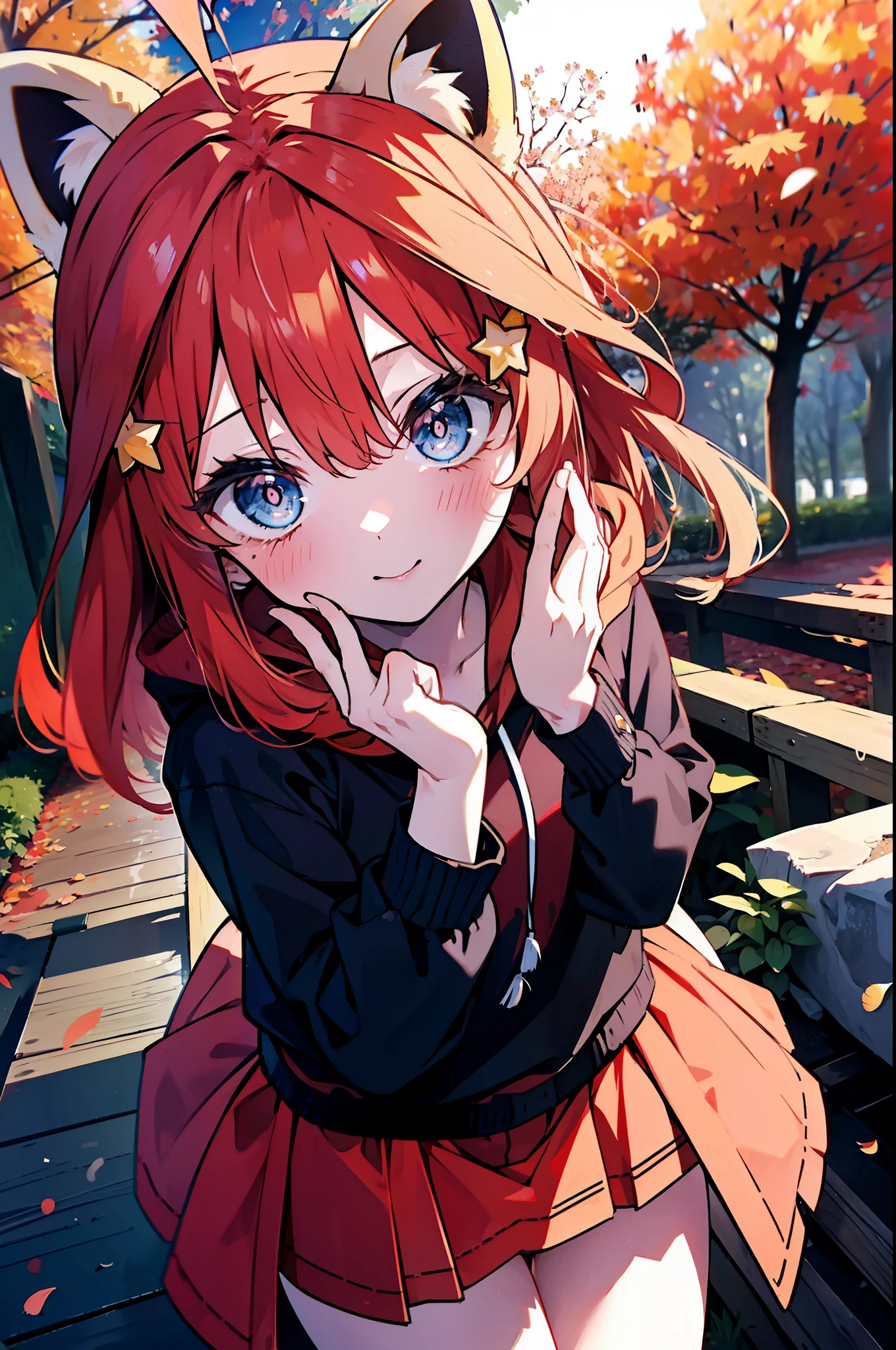 itsukinakano, itsuki nakano, bangs, blue eyes, hair between eyes, Ahoge, redhead, star \(symbol\), short braided hair,hair ornaments, star hair ornaments,smile,blush,animal ears　raccoon ears,animal tail　raccoon tail,Akabuchi Glasses,red hoodie,white long skirt,Cute Sandals,autumn leaves,autumn leavesが散っている,autumn leaves道,whole bodyがイラストに入るように,night,moonlight,moonlight,
break outdoors,garden,
break looking at viewer,whole body,(cowboy shot:1.5),
break (masterpiece:1.2), highest quality, High resolution, unity 8k wallpaper, (shape:0.8), (beautiful deしっぽed eyes:1.6), extremely deしっぽed face, perfect lighting, extremely deしっぽed CG, (perfect hands, perfect anatomy),