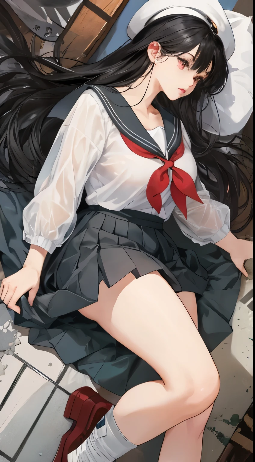 highest quality、4K quality、realistic touch,、photorealistic style、high detail、photo realistic、Big eyes、Tight and slender body、huge thick eyelashes、Sexy、Full body Esbian、My cheeks turned red、Kamimei、thin waist、plump thighs、Enchanted expression、expensive、The skirt is too short and my butt is visible..、long and thin legs、long thin eyebrows、sensational outfit、 You can see the chest from the side、See-through short skirt、big ass、High school student in sailor suit,bangs、black hair、long hair、viewers are watching、The cutest in the world、big breasts、I