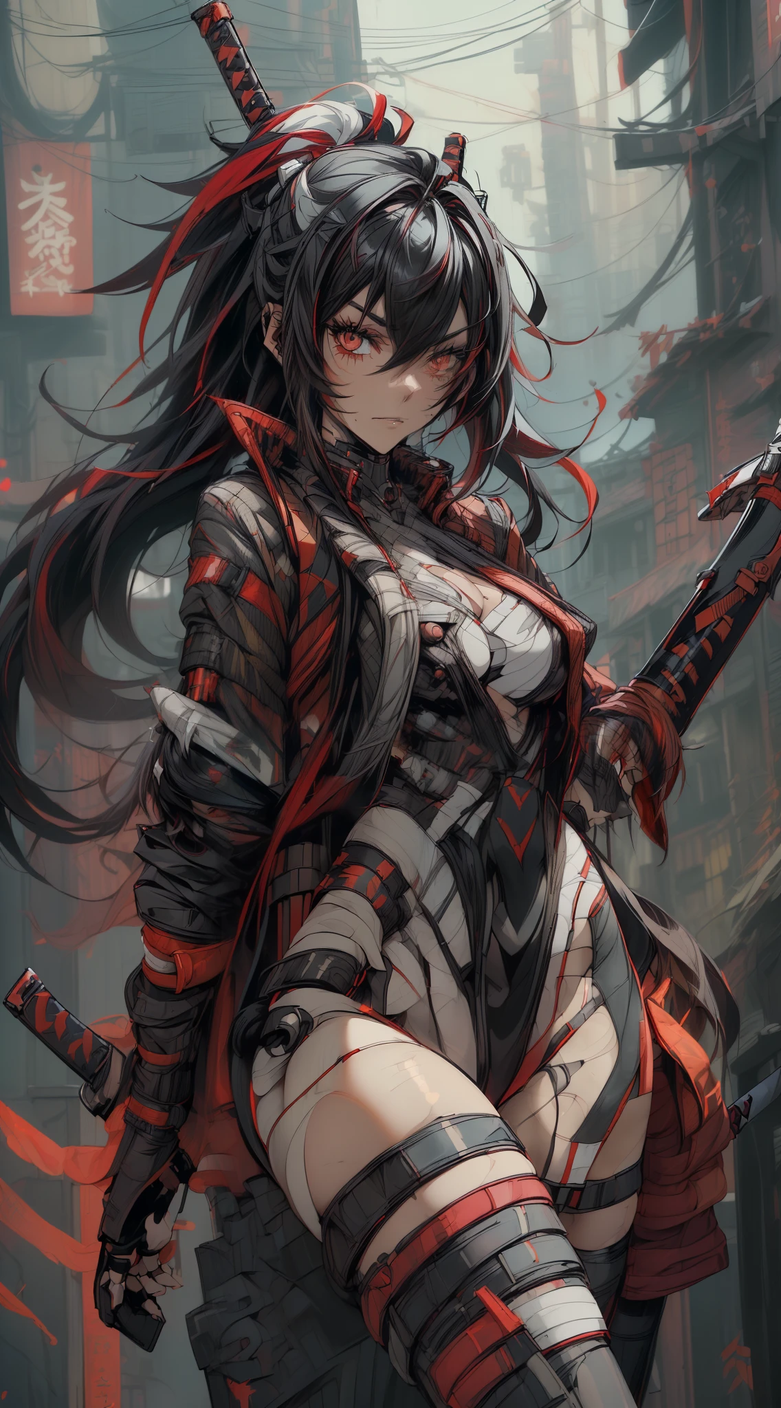 ((best quality:1.3), (high detail:1.2), masterpiece, anime)) (solo) ((black hair:1.8), (hair with red and white highlights:1.7), (very long hair)), ((heterochromia_eyes_red_and_grey:1.4)), thick thighs, huge breasts, muscular, athletic, ((cyborg body:1.3), (Cyborg arms:1.4), (Cyborg legs:1.4)), ((highcut leotard:1.8), one-piece, (red_black_outift:1.3,) cleavage), (Ninja-style Jacket:1.6), (headgear, horn-like devices:1.1), toned body, 1 woman, (age 26), ((holding sword:1.6, katana, glowing)), beautiful, sexy, first rate body, (Lucia_Crimson_Weave:1.45), Lucia,  Samurai, cybernetic,