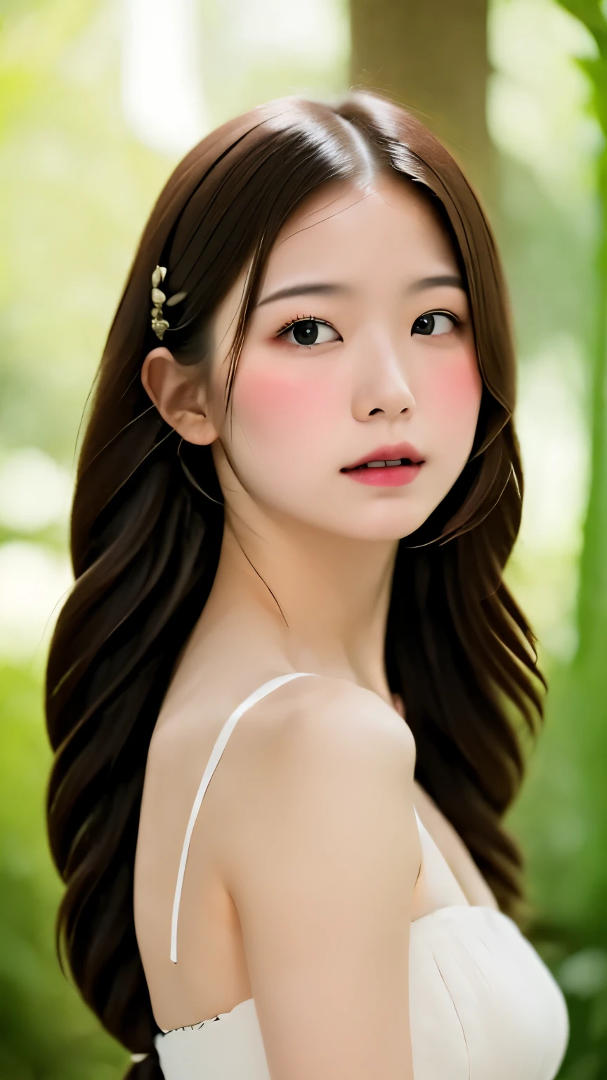 one girl、((smile:0.1))、pretty girl、、brown hair、baby face、young、delicate girl、Braid、Upper body、small breasts、unreasonable precision、Super detailed、camisole、completely flat、Honesty、thin arms, professional lighting, film grain, chromatic aberration, (Eye and face details:1.0), (Bokeh:1.1)、software:1.5)))、 highest quality, 8K, 14 years,
