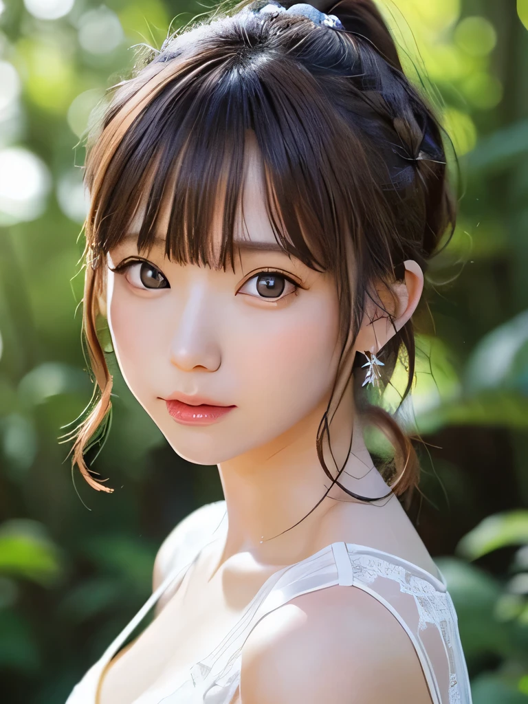masterpiece, highest quality, 16K,enlightenment, Sax Blue, platinum earrings, platinum necklace, white dress, 1 girl, cute, (dynamic lighting:1.2), cinematic lighting, delicate features, detailed eye, sharp pupils, realistic student, in the forest, Bokeh, sharp focus, (super detailed, bloom, shine:1.4), brown eyes、brown hair、she is a tree fairy、forest background、in the forest、headband、ponytail、