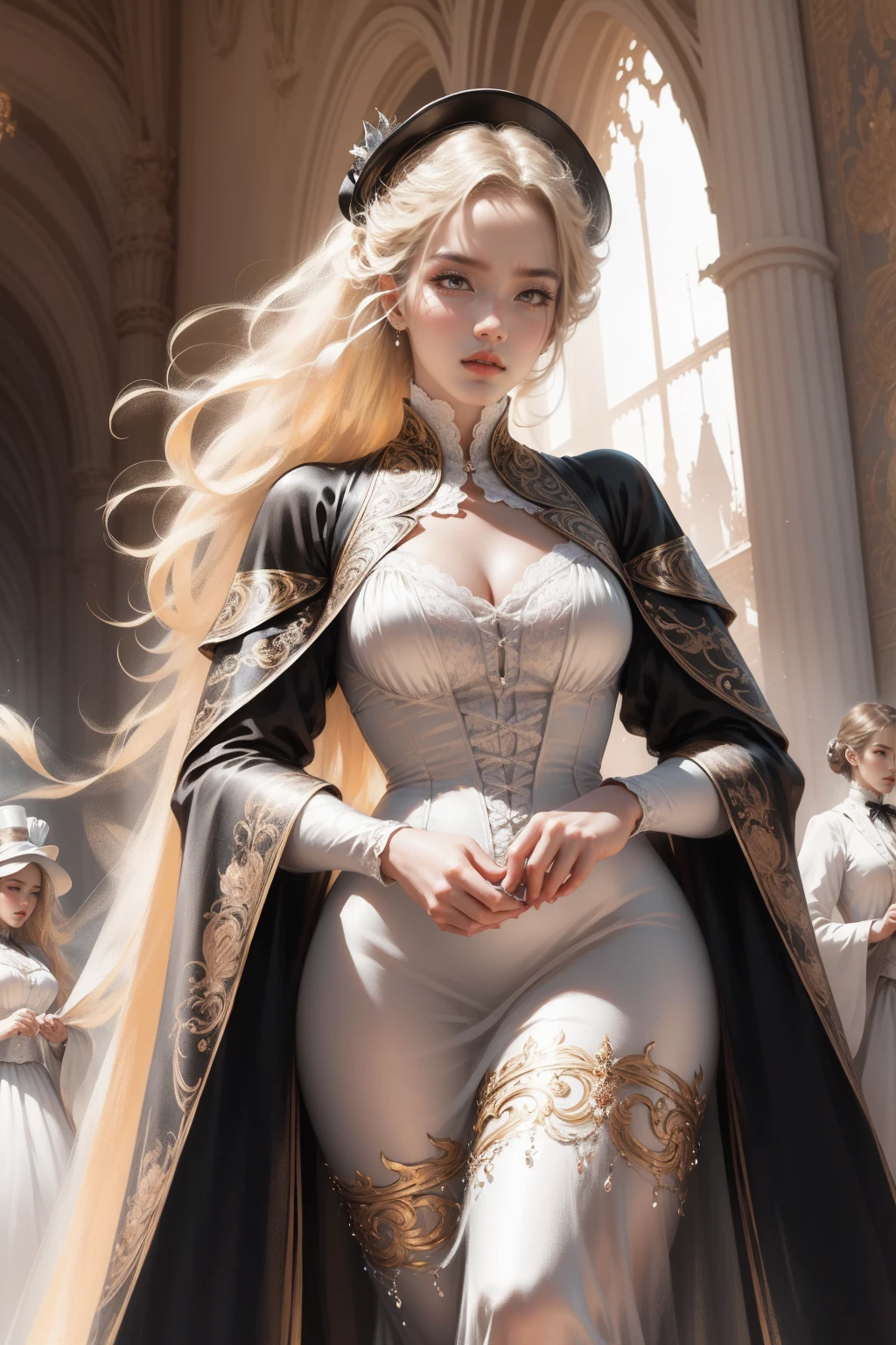 { - anatomy error}(Masterpiece - Ultra-detailed, very high resolution) Prepare to be enchanted by a true masterpiece that combines ultra-detailed art with high-resolution rendering. This work depicts a mesmerizing woman with very long blond hair (1.3) and captivating gray eyes (1.2), emanating an aura of elegance and mystery in Victorian settings. The intricate details and realistic textures invite you to explore every aspect of this enchanting composition. Woman wearing beautiful classic Victorian costume from the year 1878. Red lips. Happy face. Smiling. white dress (white) dress. Walking, writing, lying down, standing, on your back, dynamic poses. Get ready to dive into a world where beauty and craftsmanship merge perfectly.
