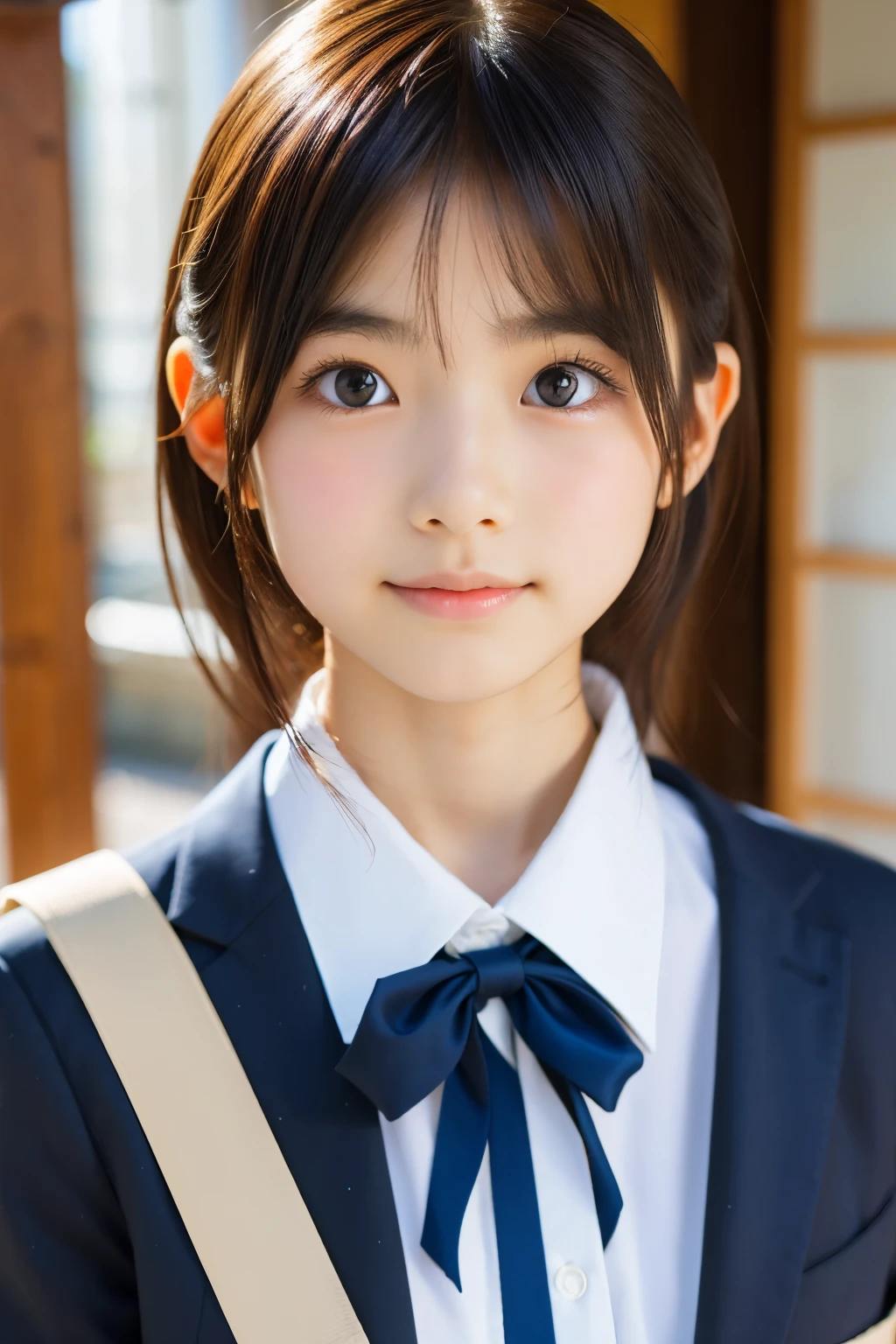 (Beautiful  Japanese female), cute face, (deeply carved face:0.7), (freckles:0.6), soft light,healthy white skin, shy, (serious face), (sparkling eyes), thin, smile, uniform