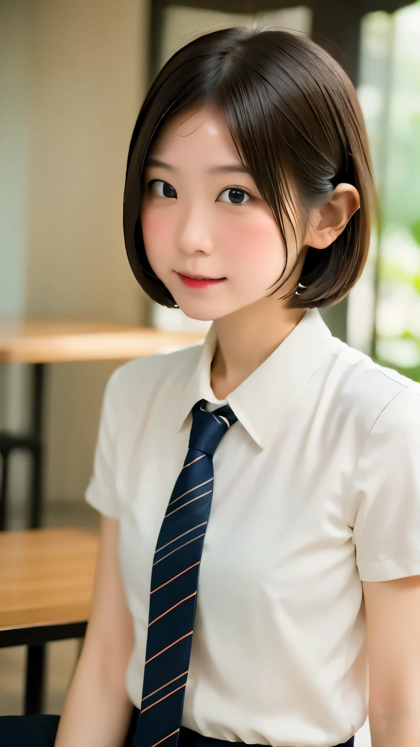 (table top, highest quality:1.2), 8K, 15 years old, 85mm, official art, Raw photo, absurd, white dress shirt, cute face, close, Upper body, viola lace, gardenia, beautiful girl, , (navy pleated skirt:1.1), Cinch West, thighs, short sleeve, classroom, ponytail、short hair、short hair、sit on a bench seat, looking at the viewer, no makeup, (smile:0.4), film grain, chromatic aberration, sharp focus, face light, clear lighting, teen, detailed face, background bokeh, (dark red tie:1.1)、日本の学校のclassroom、classroom