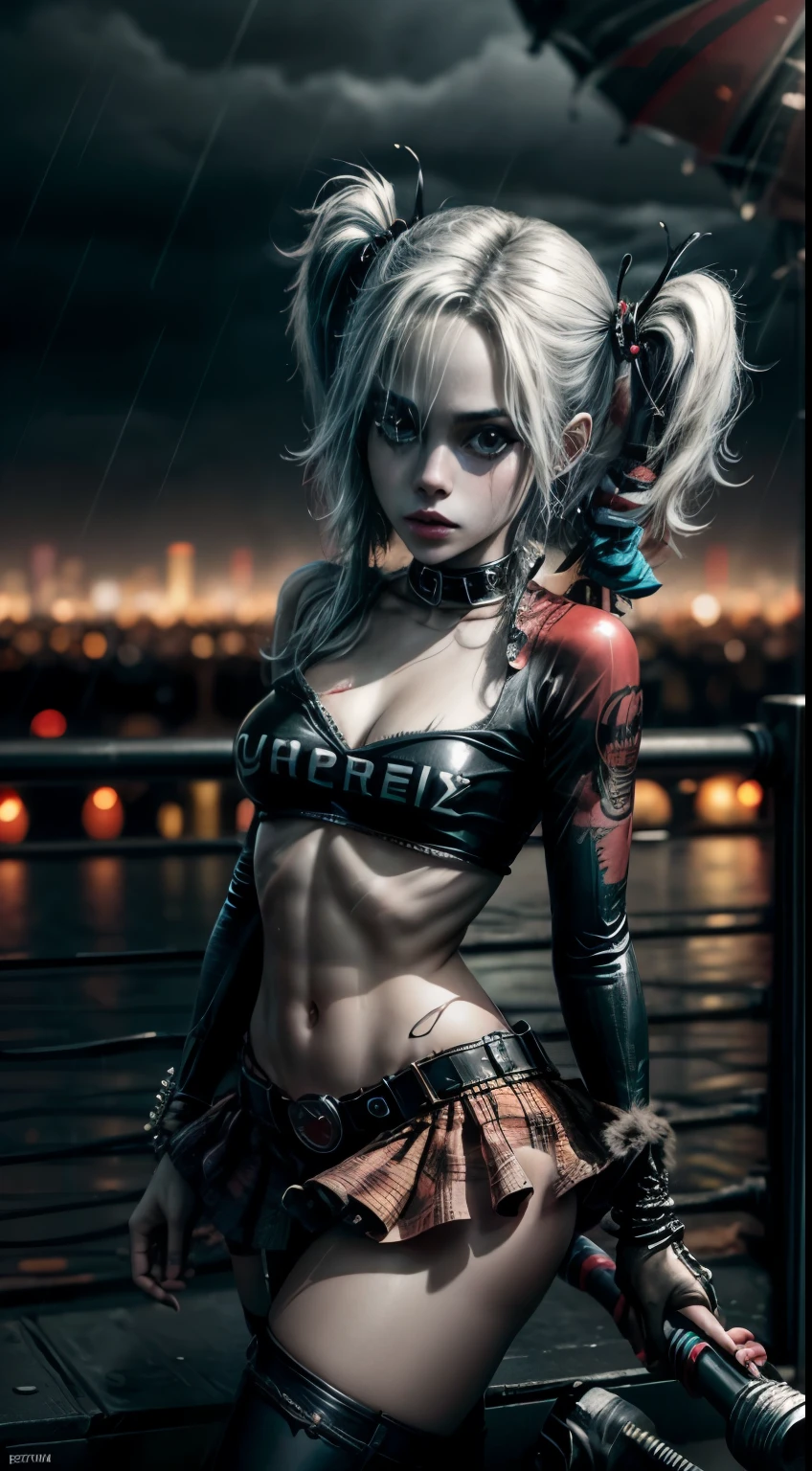 Foto de cuerpo completo de Harley Quinn, en_Uno_pierna bajo la lluvia, sobre la ciudad de Gothan