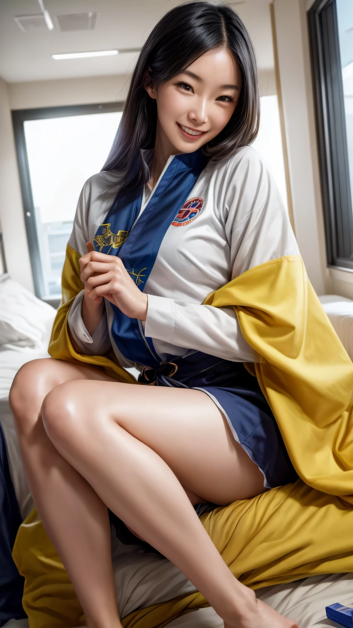 (best quality,4k,8k,highres,masterpiece:1.2),ultra-detailed, Japanese Goddess Amaterasu as a Japanese American college student, Female, Nao Nagasawa, long Black hair, Blue academy uniform with yellow accents, smiling at viewer, seducing viewer, In a dorm room, undressing, HDR, 8k, absurdres, cinestill 800, sharp focus ((Masterpiece, best quality) (solo woman) add_detail:3