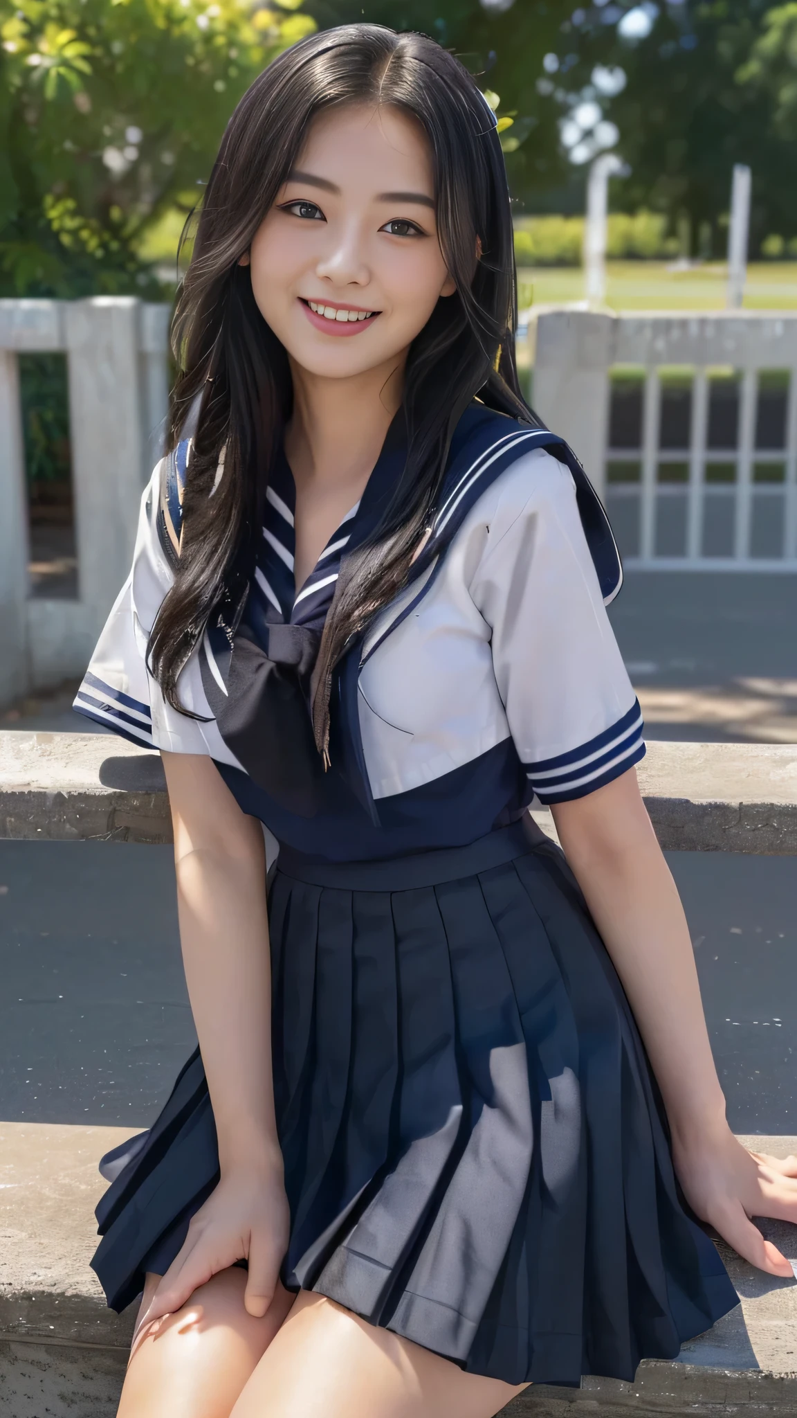 (((Innocence remains、18-year-old、my name is still)))、(hyper realism, 10, very detailed, highest quality, Super detailed, masterpiece, Super realistic, high detail, Raw photo, realistic,)((School、March、spring、school gate)),(((sailor suit, school uniform))), (((black pleated skirt))),,(((Angle from the front、looking at the camera、sitting composition)))、highest quality, (((whole body)))、(((big chest、Gcup)))、beautiful japanese girl,long hair、black hair、Smiling with a sexual expression,, smile with a sexual expression, chest