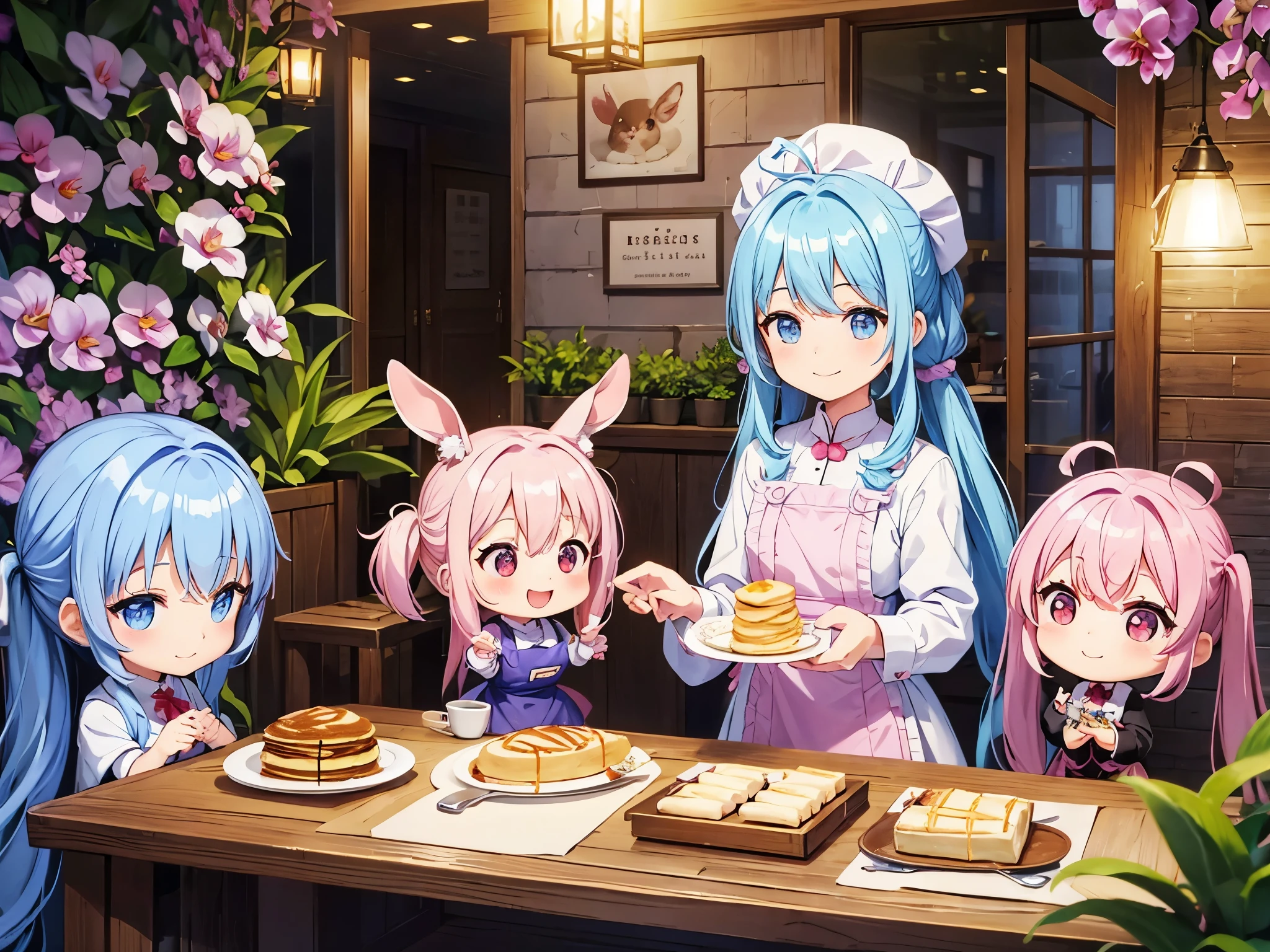 Cafe in the Orchid Flower Garden Cute Chibi Character Pastry Chef、pastry chef clothes、Light blue long hair、twin tails、bright smile、making crepes、Decorated with many orchid flowers、squirrels and rabbits are watching