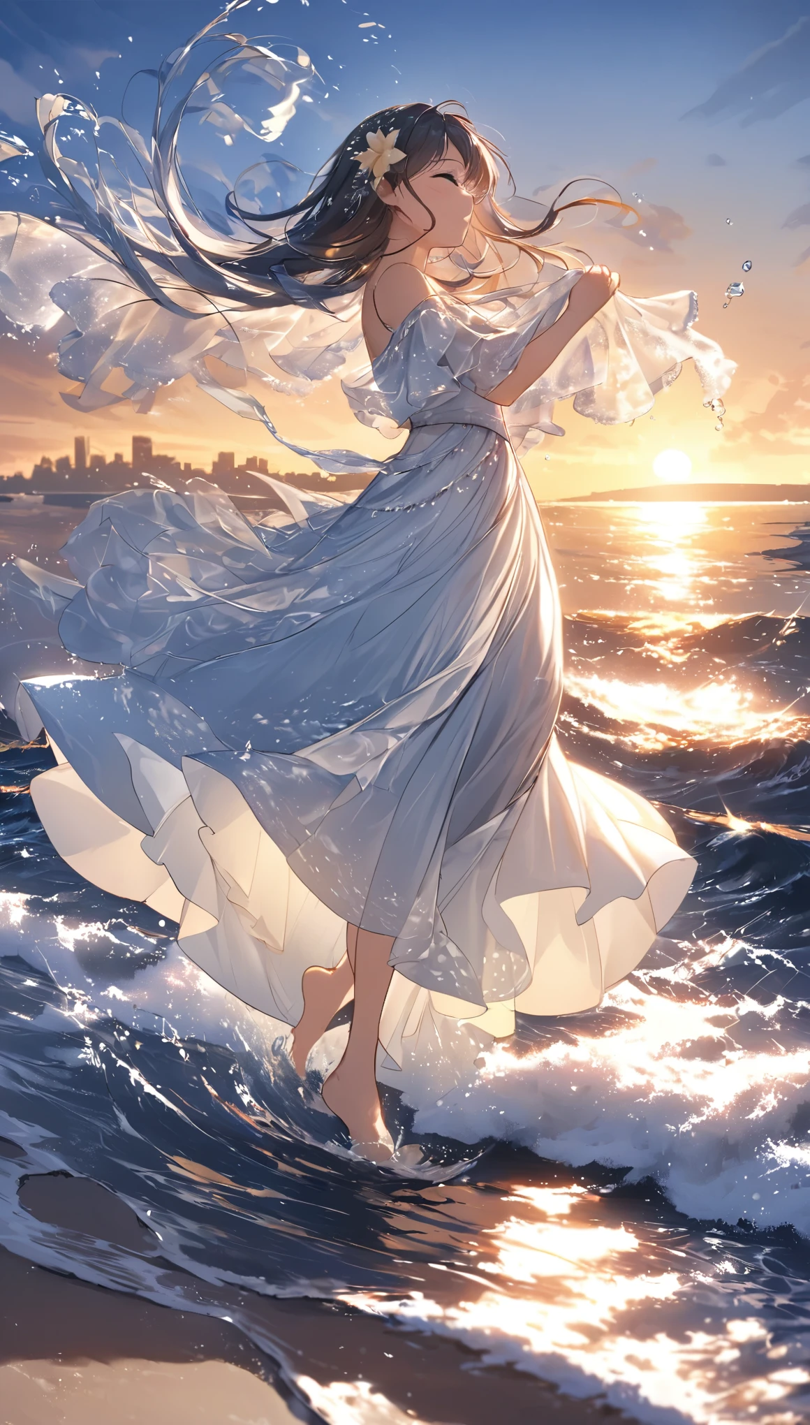 Dancing on the sea is a very beautiful scene，it includes waves、spray、girl、long skirt、Elements like wind and skyline。in this scenario，The afterglow of the setting sun spills on the sea，Reflecting the girl&#39;s figure。She is wearing a flowing long skirt，Under the sea breeze，dance to tune。
The waves lap gently on the shore，Make a pleasant sound。spray jumps with the rhythm of the waves，As if accompanying the girl&#39;s dance。girl dancing lightly，Her long skirt flutters in the wind，Like a blooming flower。
The clouds in the sky were dyed gold by the setting sun，Set against the golden light on the sea。The distant skyline outlines a beautiful picture，Make people intoxicated。