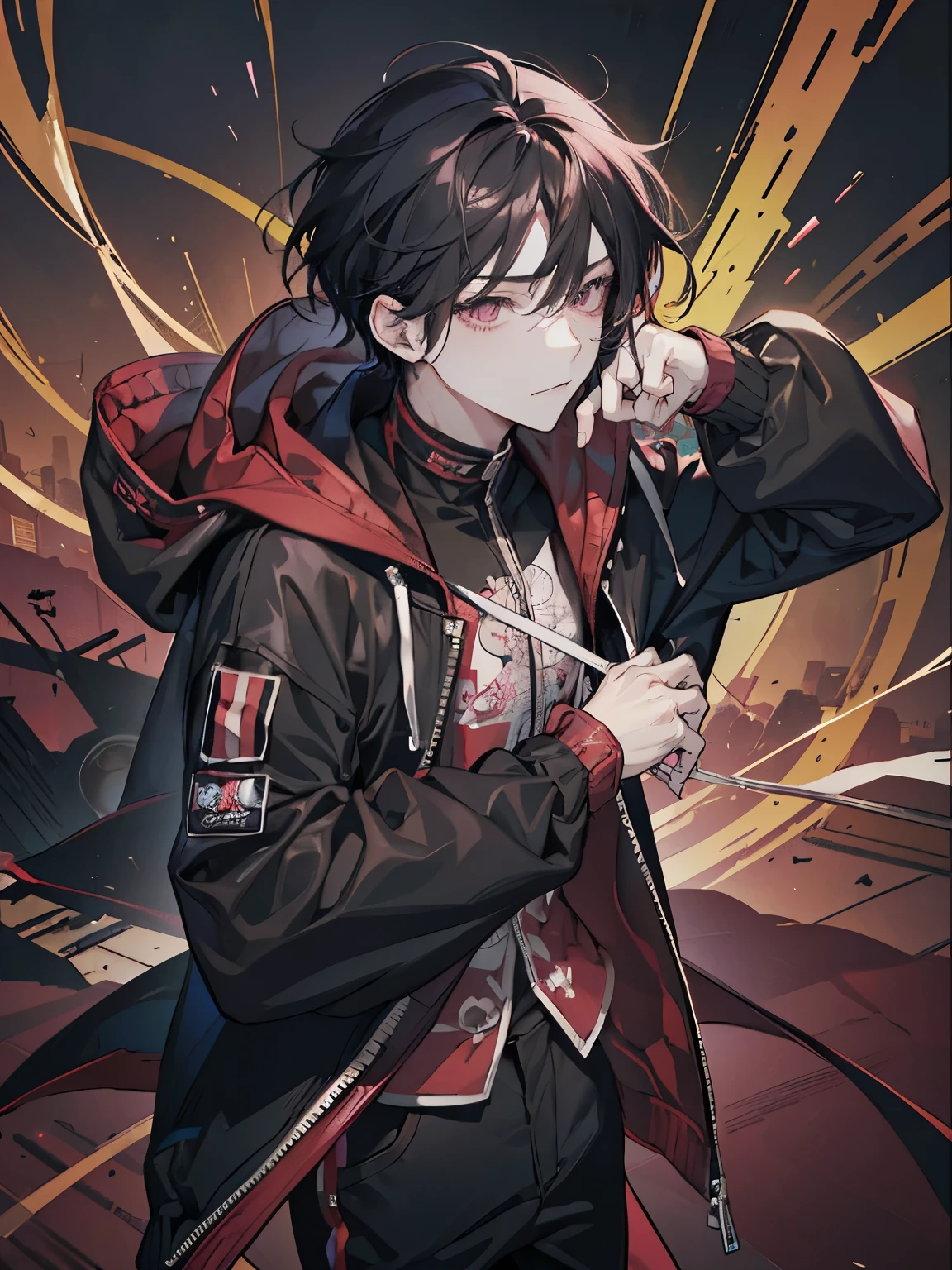 high-level image quality、male in his 20s、black colored hair、Pink eyes、wearing maroon hoodie、Black Clothes、Expression of melancholy, dead-pan smile, messy hairstyles, modern hoodie, maroon hoodie, normal hoodie, hoodie, half body, bare hand, hand gloves,