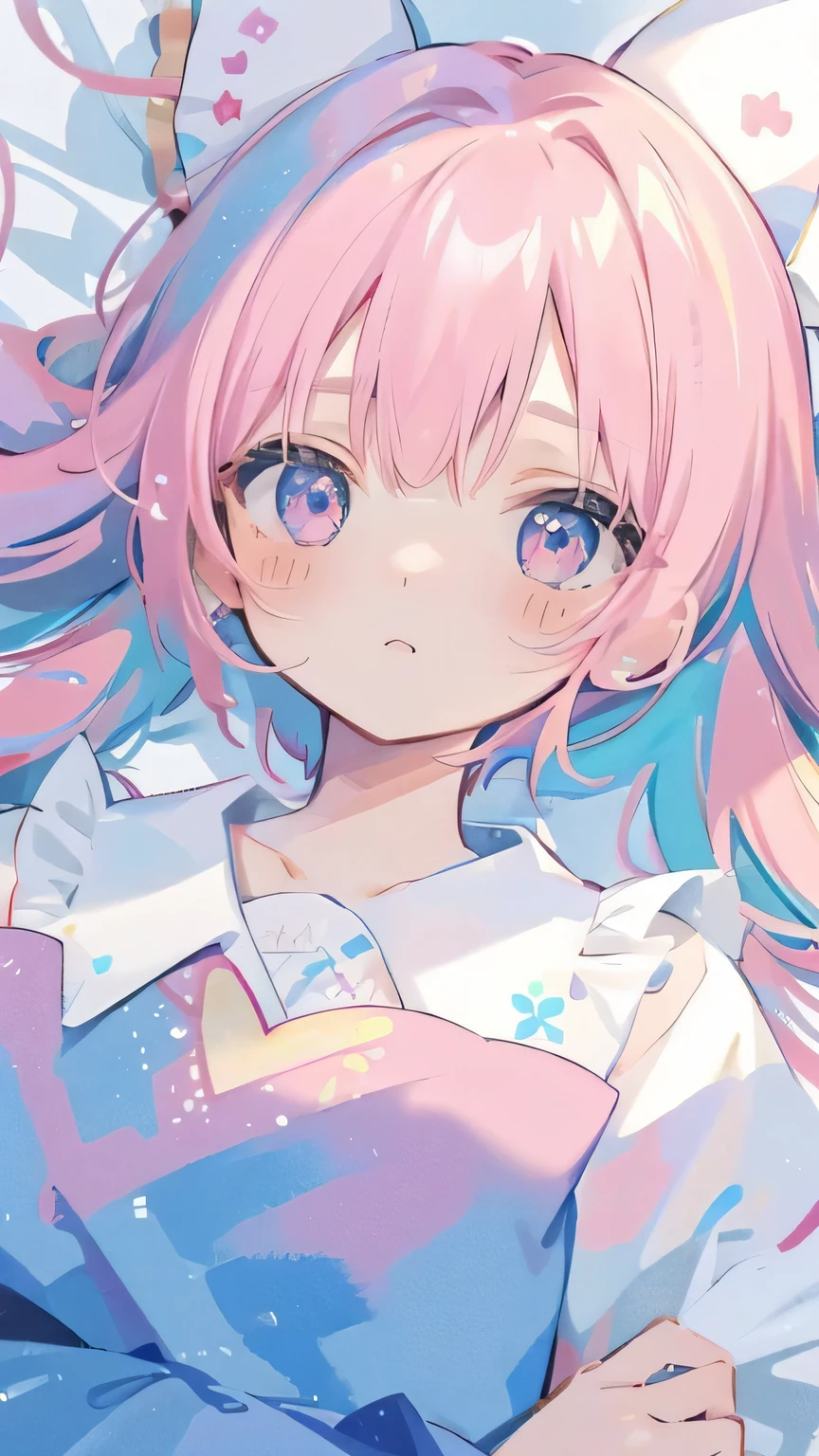 (masterpiece:1.2)、(colorful:0.9)、(color scattering)、(watercolor painting)、sharp focus、High resolution, (anime style:1.1), ((highest quality)), (Super detailed), (beautiful), alone,alice in wonderland、cute、Pink ribbon on head、masterpiece、best image quality、highest quality、alice in wonderlandのコスチューム、Colorful long pastel pink hair、colorful eyes、(close up of face:1.2),short twin tails