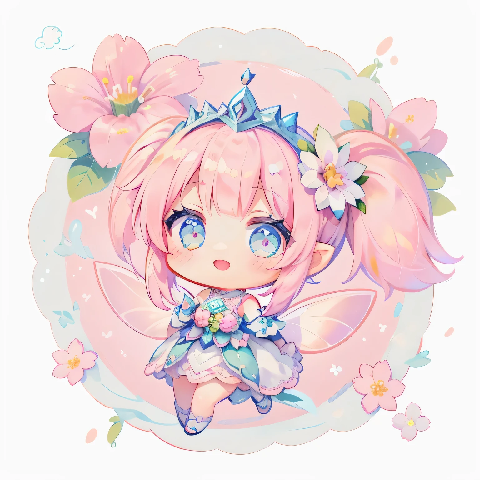(((table top))), highest quality, very detailed, (watercolor painting:1.0), (pastel colour:1.6), (pale colour:1.2), (Make the lines thinner:1.2), (White Princess Costume:1.2), (Tierra:1.1), (Fairy Wing:1.5), (flight:1.3), (((with a girl))), (((alone))), Happy, (blue eyes), wave to the audience, full body, Ahoge, break, (pink twintails:1.3), (((deformed))), (((chibi character))), (((Aerial view of Flowerfeld:1.5)))