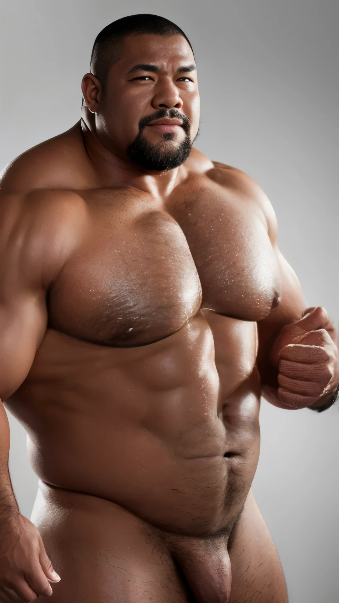 black hair, middle-aged man, individual, male, Muscular wrestler, muscular, Stout wrestler, Asian, Japanese, uncle, 55 year old middle-aged man, short hair, short hair, white wrestling boots, full body portrait, shadow, Vision, white briefs, obesity, 45 years old, short beard, middle-aged man, tattoo, fingerless gloves, Wheat skin, shiny skin, dark skin, Show your pectoral muscles, sumo wrestler, bodybuilder, wide temples, Visible abdominal muscles, Smile, Fine hands, solid color background, pure white background, Surrealism, Panorama, 8k, super detail,