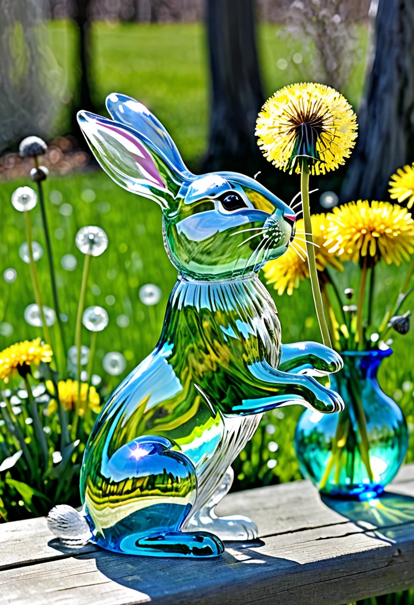 A crystalline bunny approaches nibbles on blown glass dandelions, it is a colorful spring morning 
