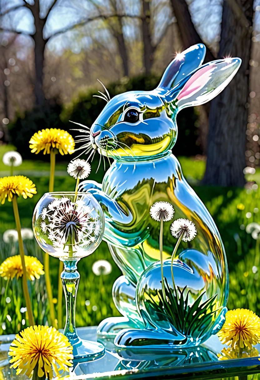A crystalline bunny approaches nibbles on blown glass dandelions, it is a colorful spring morning
