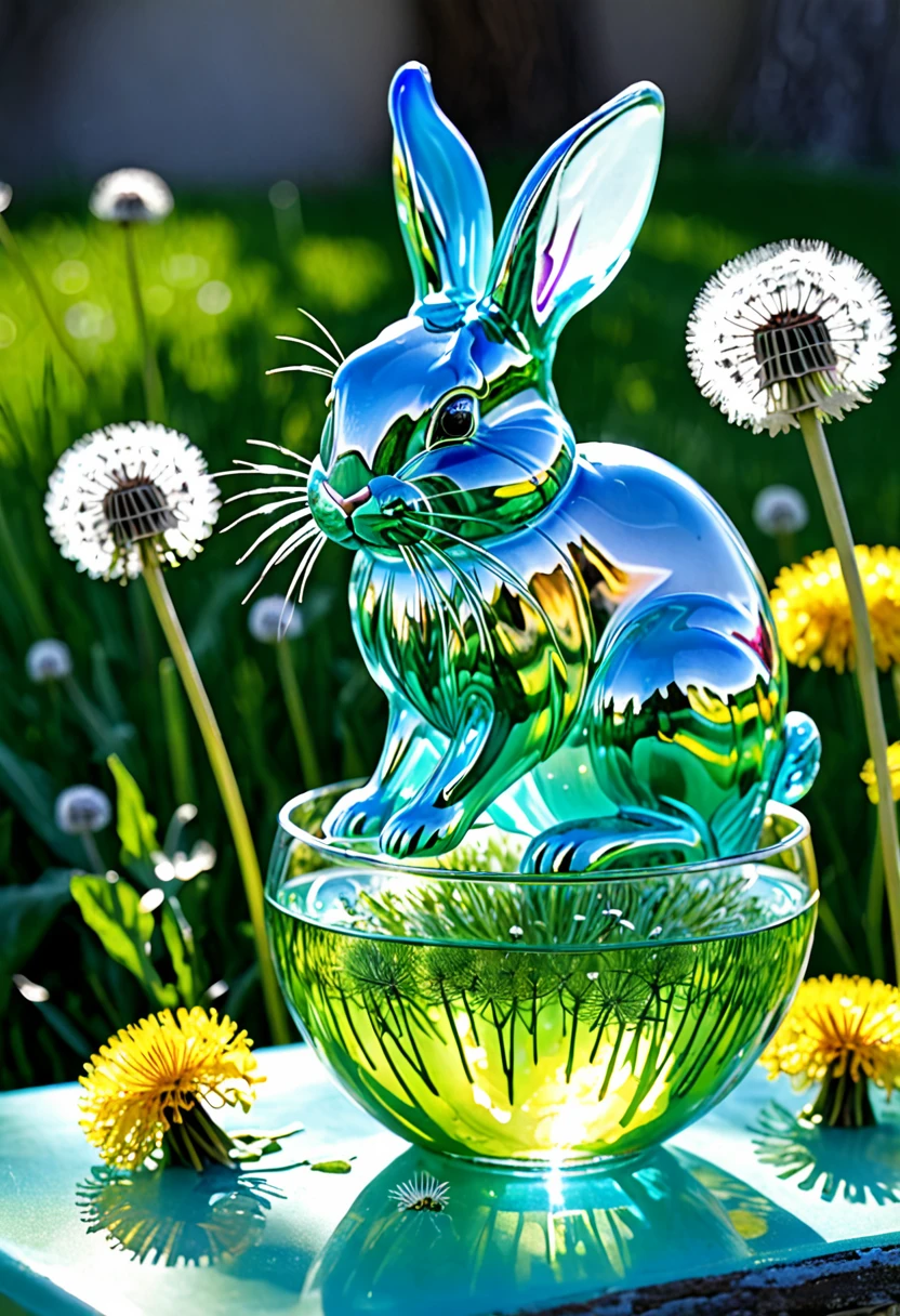 A crystalline bunny approaches nibbles on blown glass dandelions, it is a colorful spring morning