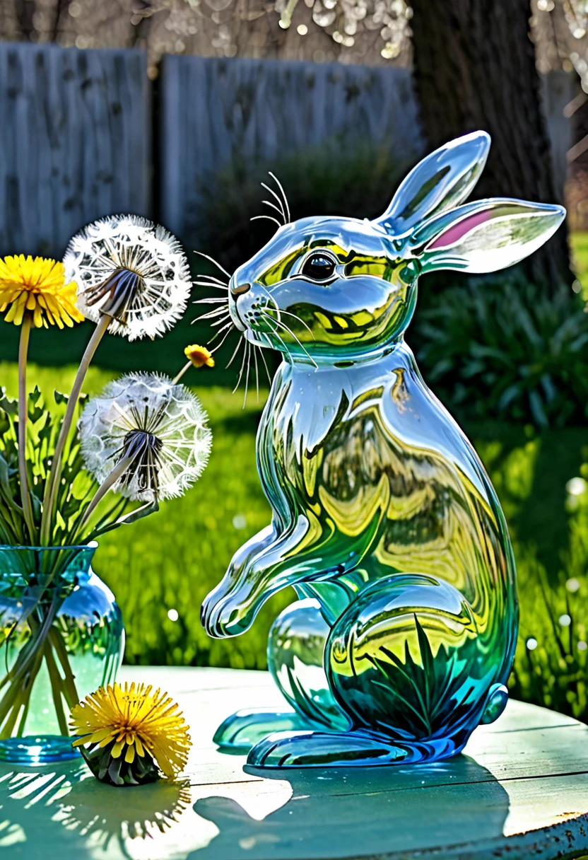 A crystalline bunny approaches nibbles on blown glass dandelions, it is a colorful spring morning 
