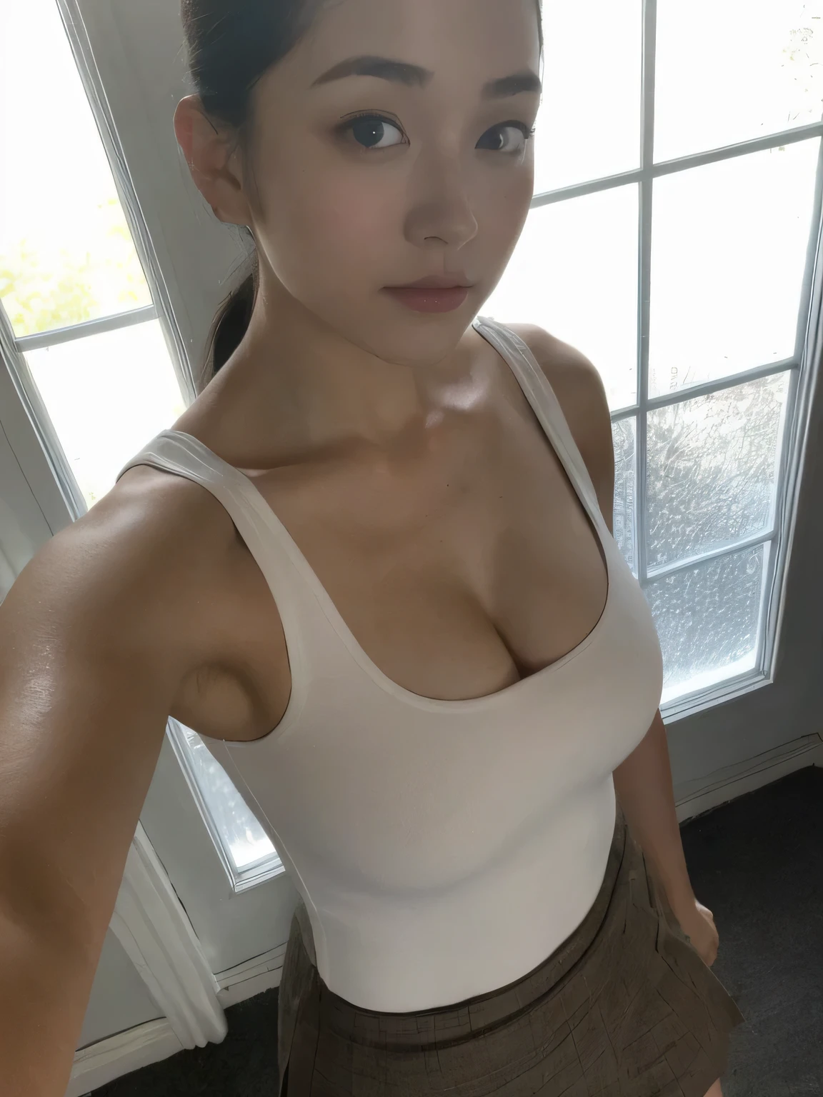 there is a woman that is posing for a picture in a skirt, wearing a low cut tanktop, wearing leotard, wearing tight shirt, wearing white leotard, wearing a tanktop, wearing tanktop, tight shirt, flat chested, tight attire, wearing tank top, sexy body and face, 35 year old female model, fair skin color, white skin color, realistic skin. professional photoshot.