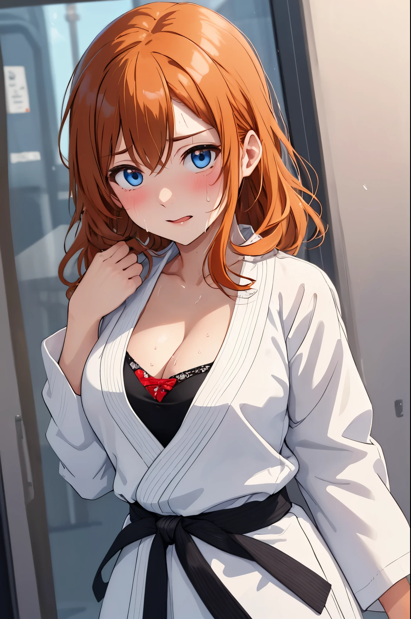 Kousaka honoka, orange hair, blue eyes, hair ribbon, white karate gi,big breasts, cleavage, facing viewer, heavy breathing , sweating,sweat drops, looking at viewer, standing , embarrassed