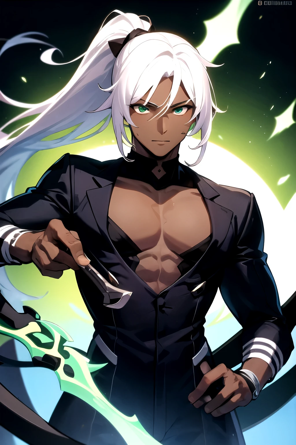 A dark skinned man, long white hair pulled into a ponytail, hot male, green bladed scythe