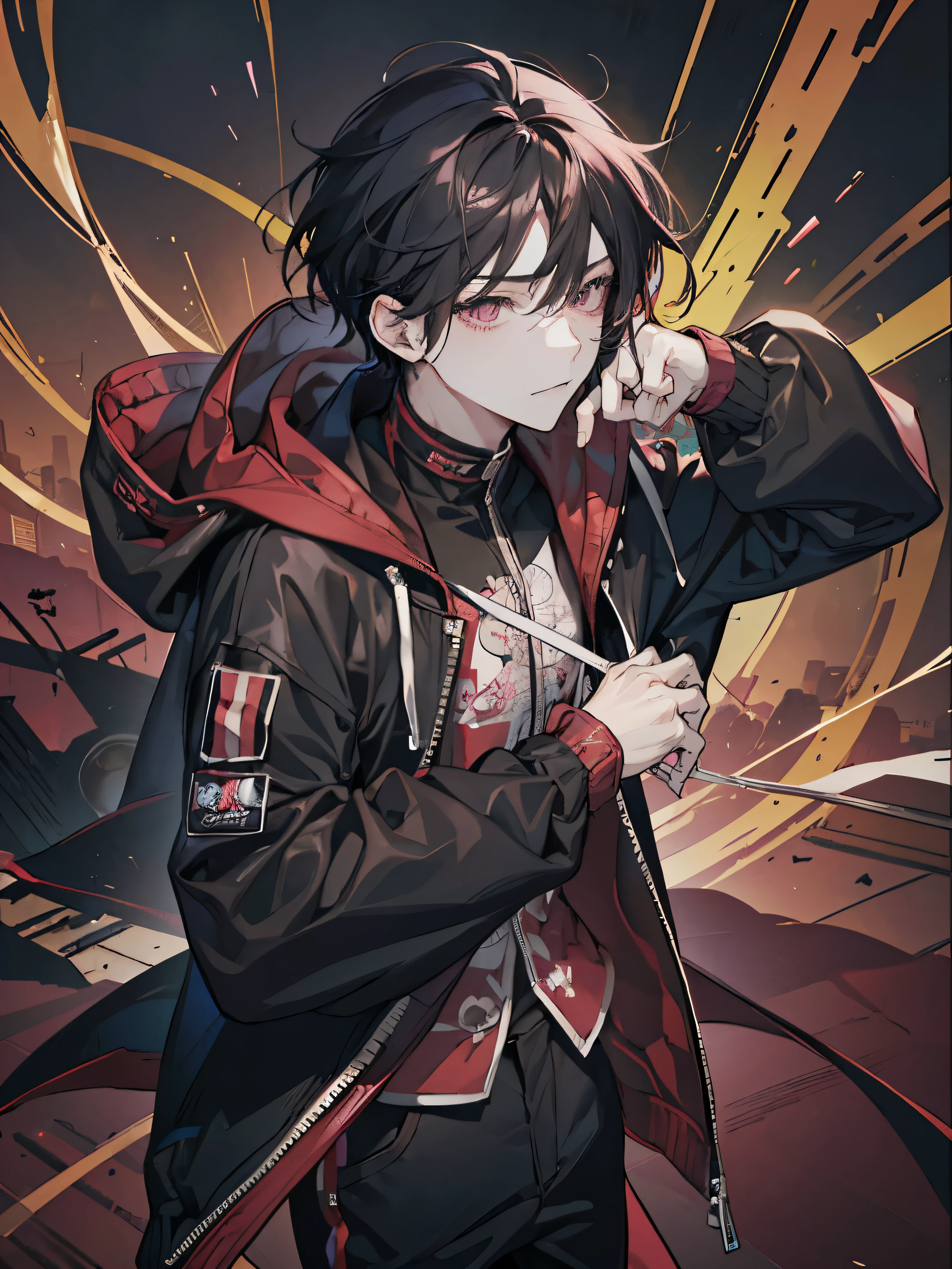 high-level image quality、male in his 20s、black colored hair、Pink eyes、wearing maroon hoodie、Black Clothes、Expression of melancholy, dead-pan smile, messy hairstyles, modern hoodie, maroon hoodie, normal hoodie, hoodie, half body, bare hand, hand gloves,