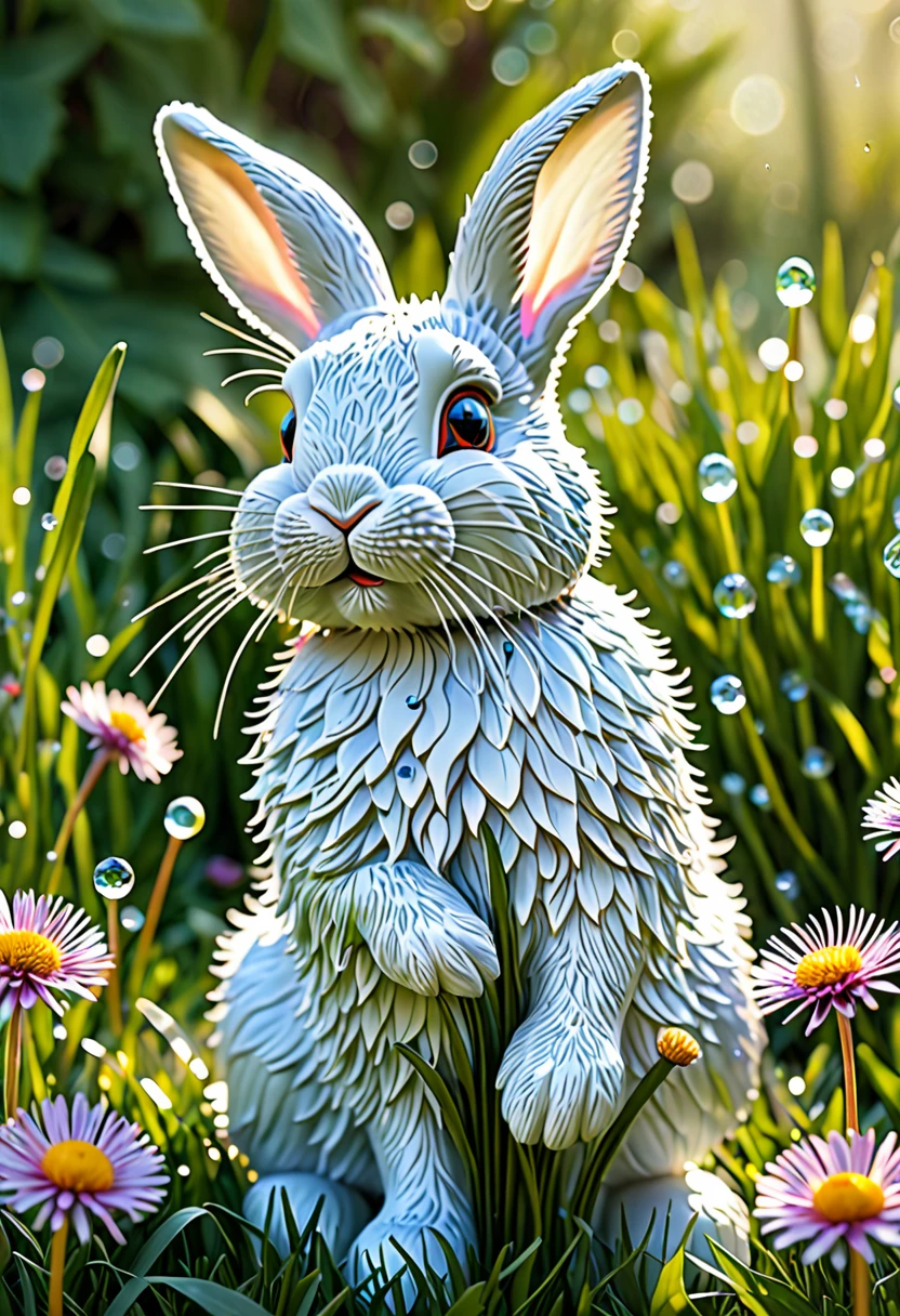 A crystalline bunny approaches nibbles on blown glass dandelions, it is a colorful spring morning 