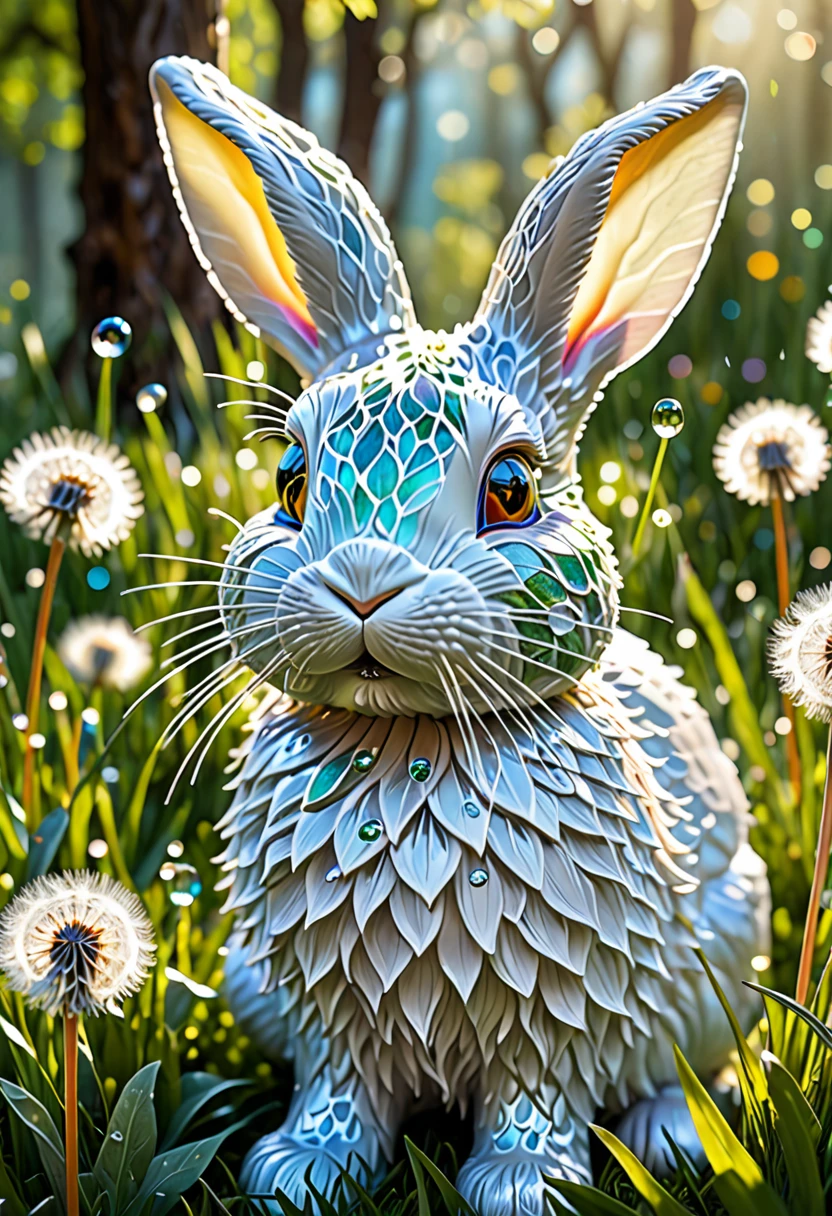 (best quality,4k,8k,highres,masterpiece:1.2),ultra-detailed,(realistic,photorealistic,photo-realistic:1.37),crystalline bunny,detailed eyes and face,blown glass dandelions,colorful spring morning [illustration, vivid colors],bright sunlight,lush green grass,delicate flower petals,glistening dewdrops,playful and whimsical atmosphere,shimmering glass reflections,crisp and clear details,captivating and immersive scene,meticulous attention to textures,beautifully crafted bunny sculpture,subtle pastel shades,finely crafted dandelion seeds,frosted glass elements,warm and inviting ambiance,happy and lively atmosphere,as if brought to life by magic,fantastical and enchanting setting,sparkling and vibrant colors,evokes a sense of joy and wonderment,endearing and delightful artwork