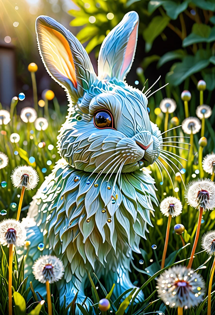 (best quality,4k,8k,highres,masterpiece:1.2),ultra-detailed,(realistic,photorealistic,photo-realistic:1.37),crystalline bunny,detailed eyes and face,blown glass dandelions,colorful spring morning [illustration, vivid colors],bright sunlight,lush green grass,delicate flower petals,glistening dewdrops,playful and whimsical atmosphere,shimmering glass reflections,crisp and clear details,captivating and immersive scene,meticulous attention to textures,beautifully crafted bunny sculpture,subtle pastel shades,finely crafted dandelion seeds,frosted glass elements,warm and inviting ambiance,happy and lively atmosphere,as if brought to life by magic,fantastical and enchanting setting,sparkling and vibrant colors,evokes a sense of joy and wonderment,endearing and delightful artwork