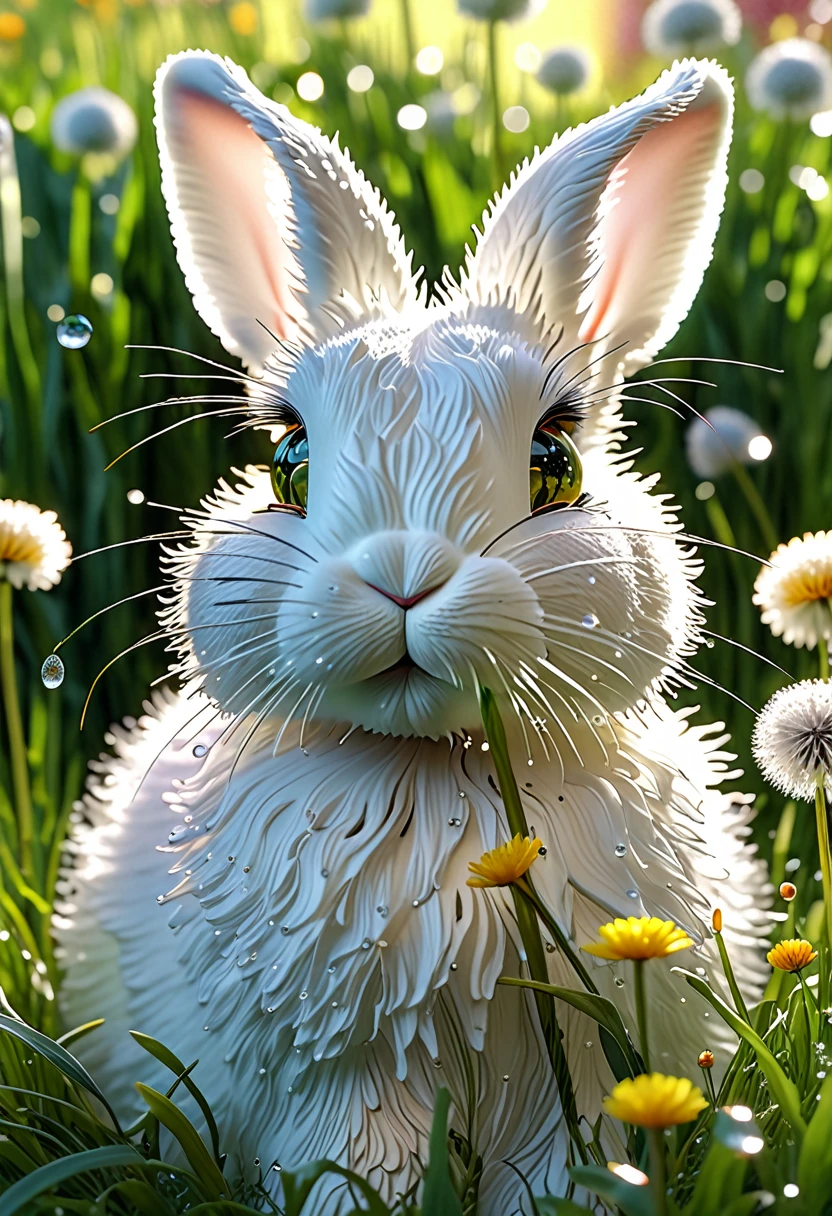 A crystalline bunny approaches nibbles on blown glass dandelions, it is a colorful spring morning 