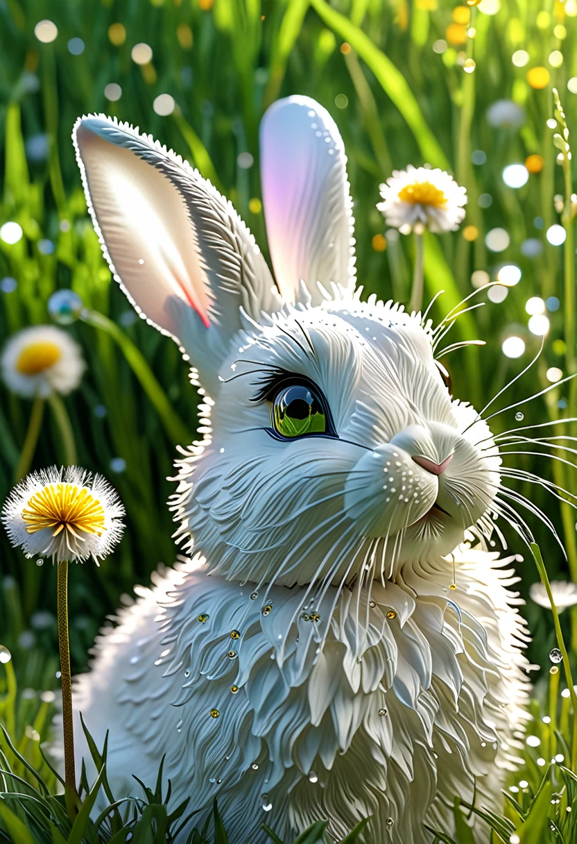 A crystalline bunny approaches nibbles on blown glass dandelions, it is a colorful spring morning 