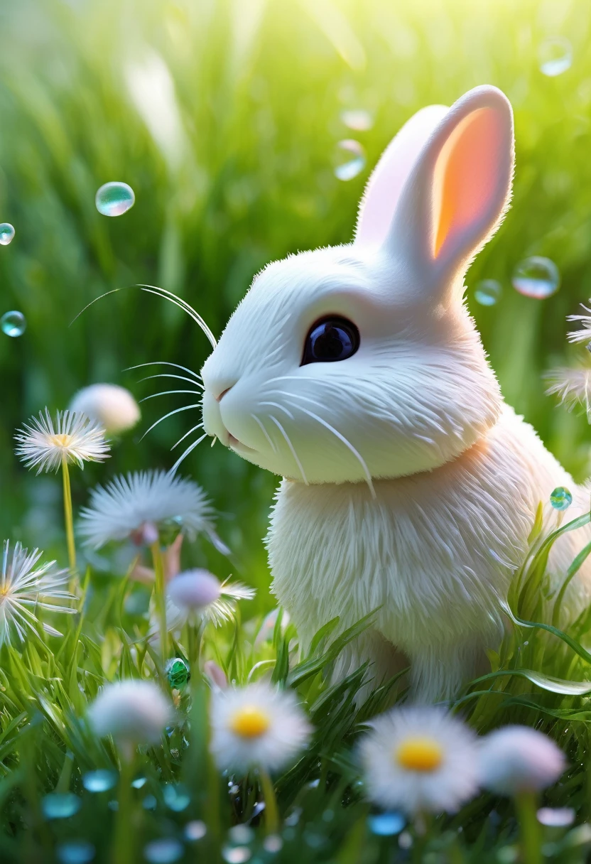 (best quality,4k,8k,highres,masterpiece:1.2),ultra-detailed,(realistic,photorealistic,photo-realistic:1.37),crystalline bunny,detailed eyes and face,blown glass dandelions,colorful spring morning [illustration, vivid colors],bright sunlight,lush green grass,delicate flower petals,glistening dewdrops,playful and whimsical atmosphere,shimmering glass reflections,crisp and clear details,captivating and immersive scene,meticulous attention to textures,beautifully crafted bunny sculpture,subtle pastel shades,finely crafted dandelion seeds,frosted glass elements,warm and inviting ambiance,happy and lively atmosphere,as if brought to life by magic,fantastical and enchanting setting,sparkling and vibrant colors,evokes a sense of joy and wonderment,endearing and delightful artwork