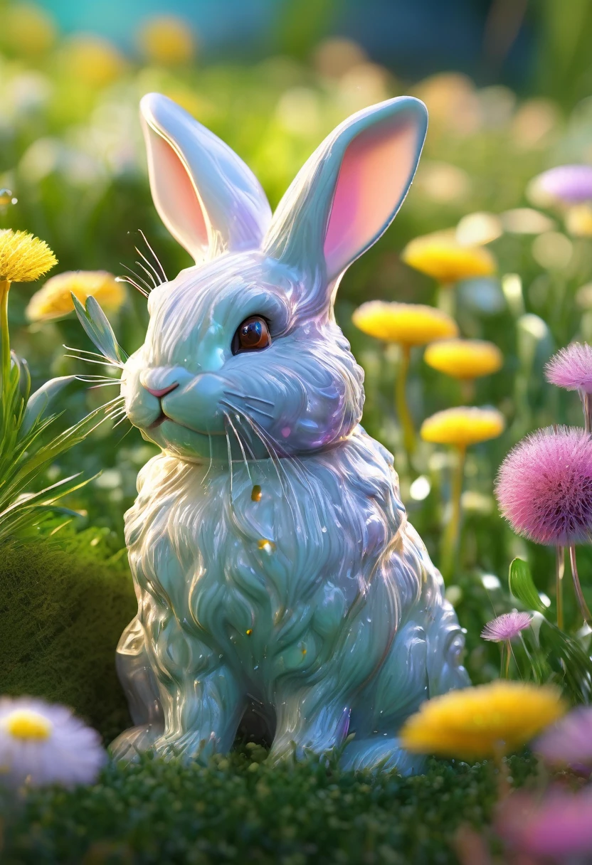 (best quality,4k,8k,highres,masterpiece:1.2),ultra-detailed,(realistic,photorealistic,photo-realistic:1.37),crystalline bunny,detailed eyes and face,blown glass dandelions,colorful spring morning [illustration, vivid colors],bright sunlight,lush green grass,delicate flower petals,glistening dewdrops,playful and whimsical atmosphere,shimmering glass reflections,crisp and clear details,captivating and immersive scene,meticulous attention to textures,beautifully crafted bunny sculpture,subtle pastel shades,finely crafted dandelion seeds,frosted glass elements,warm and inviting ambiance,happy and lively atmosphere,as if brought to life by magic,fantastical and enchanting setting,sparkling and vibrant colors,evokes a sense of joy and wonderment,endearing and delightful artwork