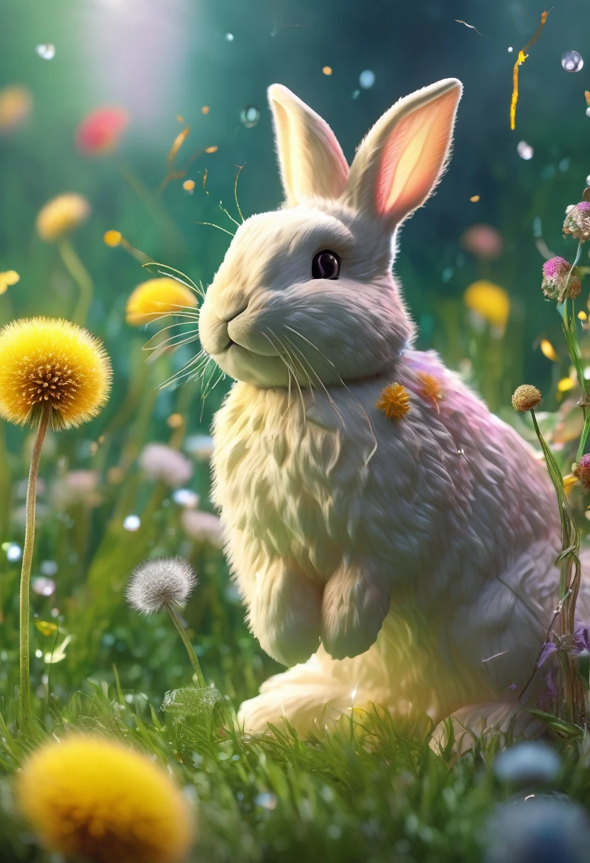 A crystalline bunny approaches nibbles on blown glass dandelions, it is a colorful spring morning 