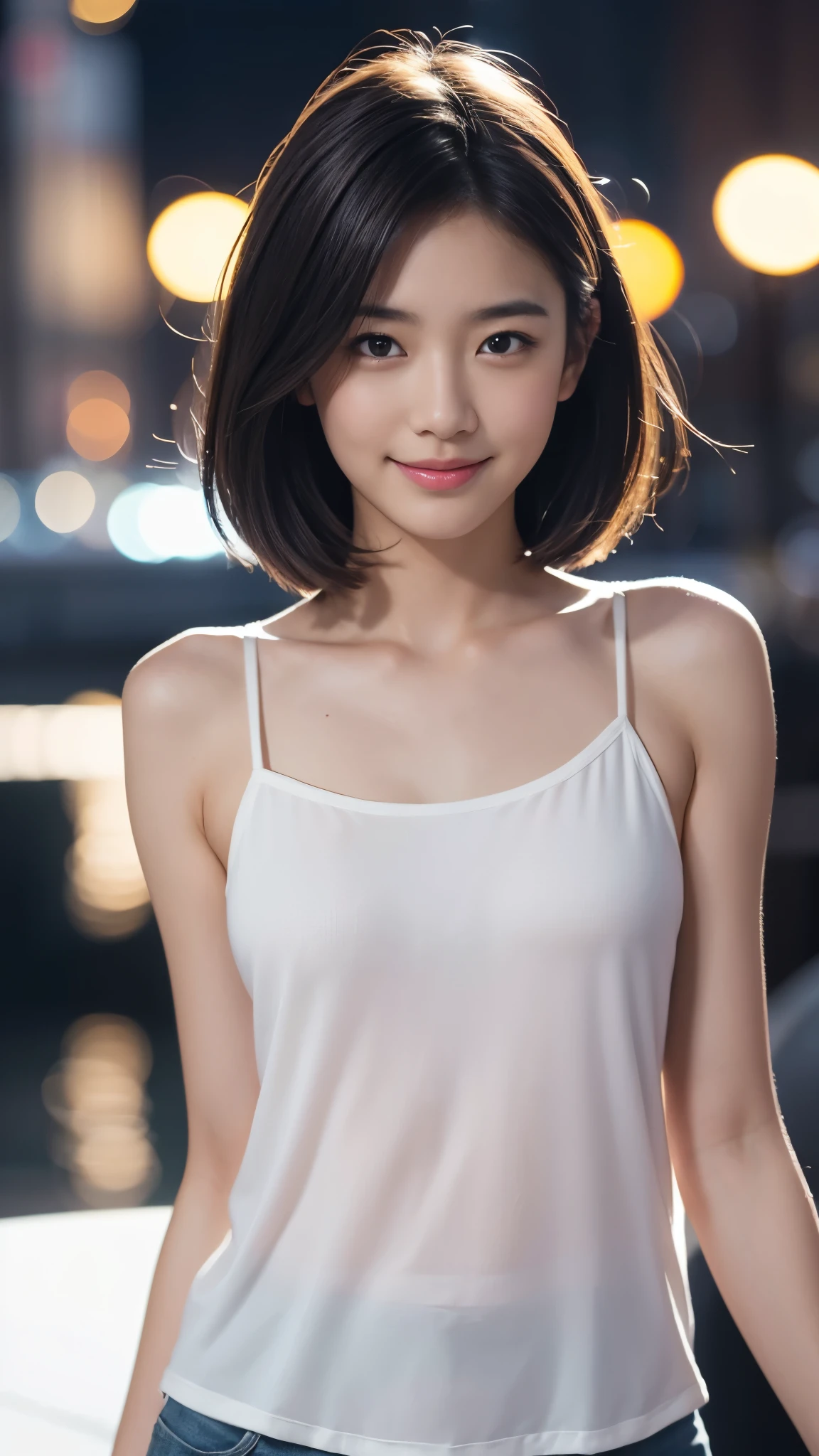 最high quality, table top, High resolution,18 years old wearing white camisole, 1 girl,very beautiful face,（Ultra-high definition image of an extremely beautiful face）（White camisole）hair ornaments,, gem diamond,realistic, New York night view、blur the background、,full body image,(high definition skin:1.2),Looking at camera with a smile,full body image 8K UHD, Digital single-lens reflex camera, in the soft and bright sunlight,high quality, volume lighting, Frank, photograph, High resolution,full body image,4K、Japanese college student、A sloppy smile、stand up straight、((((upper body photo)))),one person,short hair style、camisole