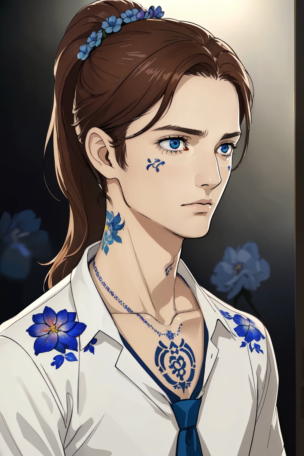 (best quality, highres:1.2, ultra-detailed, realistic:1.37), man, teenager, alone, long brown hair, brown ponytail, blue eyes, children's tattoos on neck, flower-shaped necklace, dirty shirt, medium :oil painting, realistic details, pensive expression, stubble, blurred background, soft lighting, vivid colors, neck tattoo, tattoos neck, neck, tattoo, flower in hair, blue flower tie hair, tattos