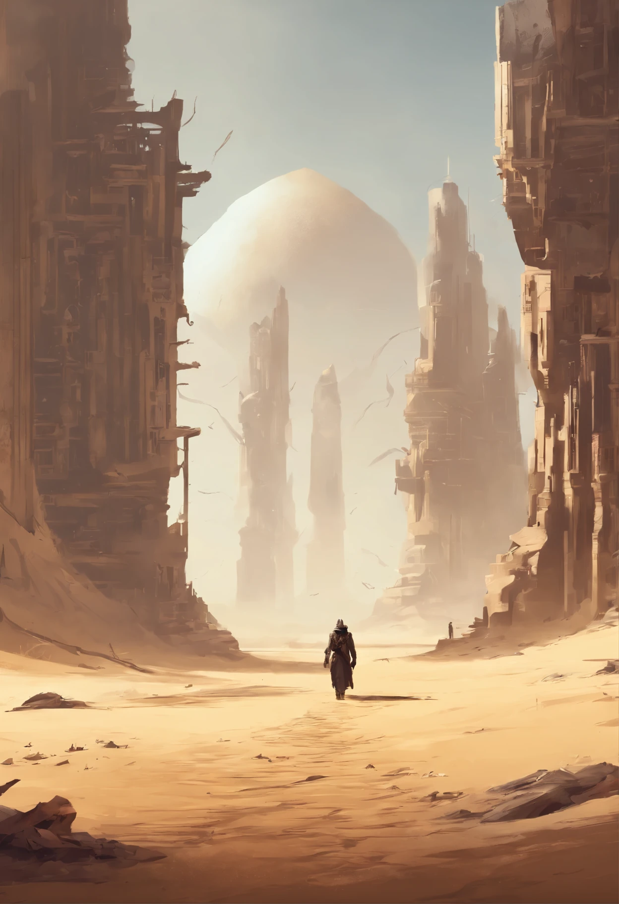 post apocalypse, Desert, Huge space, in the distance in the background there is a big city, a wanderer in long clothes walks along the sands, leaving footprints in the sand, alone, there are fragments of architecture around, Ancient civilization