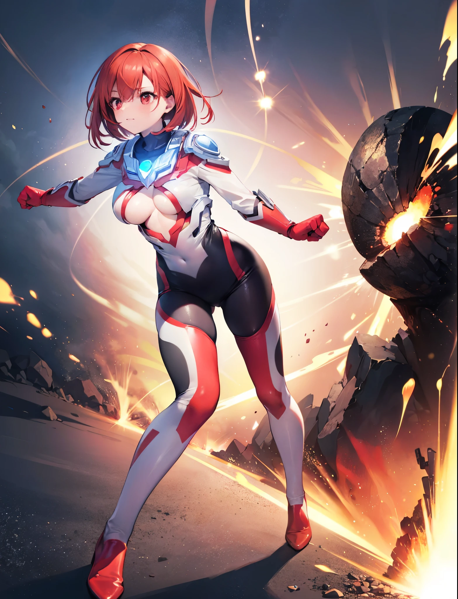 realistic,highest quality, ultra detail, High quality CG drawing, The most delicate and beautiful, Floating gently, High resolution, (1 girl), (Highest image quality,4K,8K,masterpiece:1.2),(all red hair:1.5), (medium hair:1.5),(red eyes:1.5), (ultra girl:1.0), (red ultraman bodysuit:1.4),(slightly bigger breasts:1.5),Upper body,(clenched fist:1.2), red gloves,red shoes,