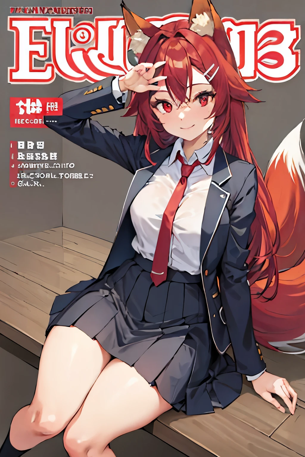 Firefox-Skollie, red eyes, fox girl, multiple tails, multicolored hair, 1girl, hairclip, solo, light smile, small breasts, looking at viewer, 
, pleated skirt, necktie, open jacket, magazine cover, simple background, 
(masterpiece:1.1), (best quality:1.1), (ultra-detailed:1.1), (illustration:1.1),