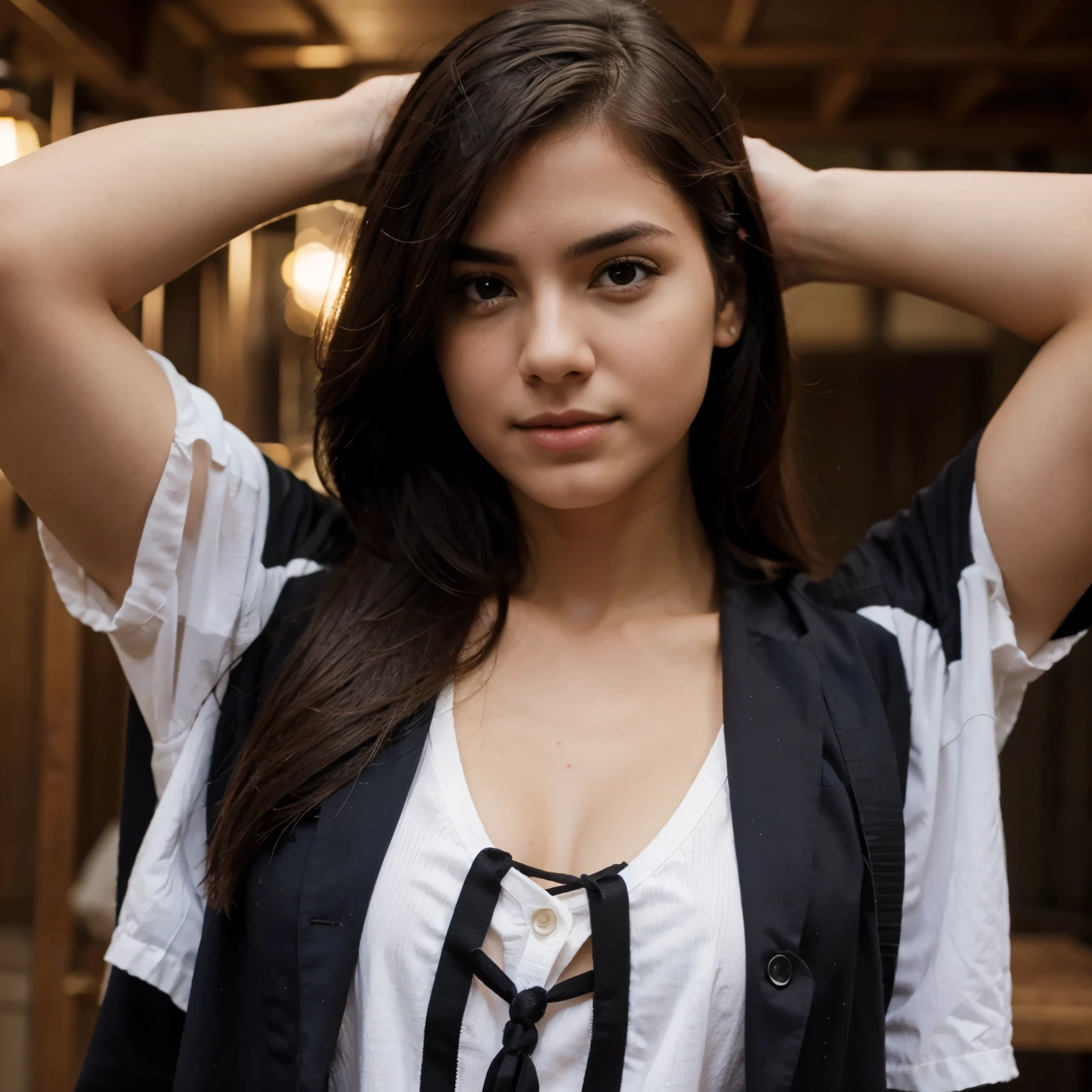 Describe a digital influencer in a professional, full-length, highly realistic photo. She is a young woman with medium, straight black hair, elegantly styled.in several different environments, for example beach, restaurants, swimming pool, travel