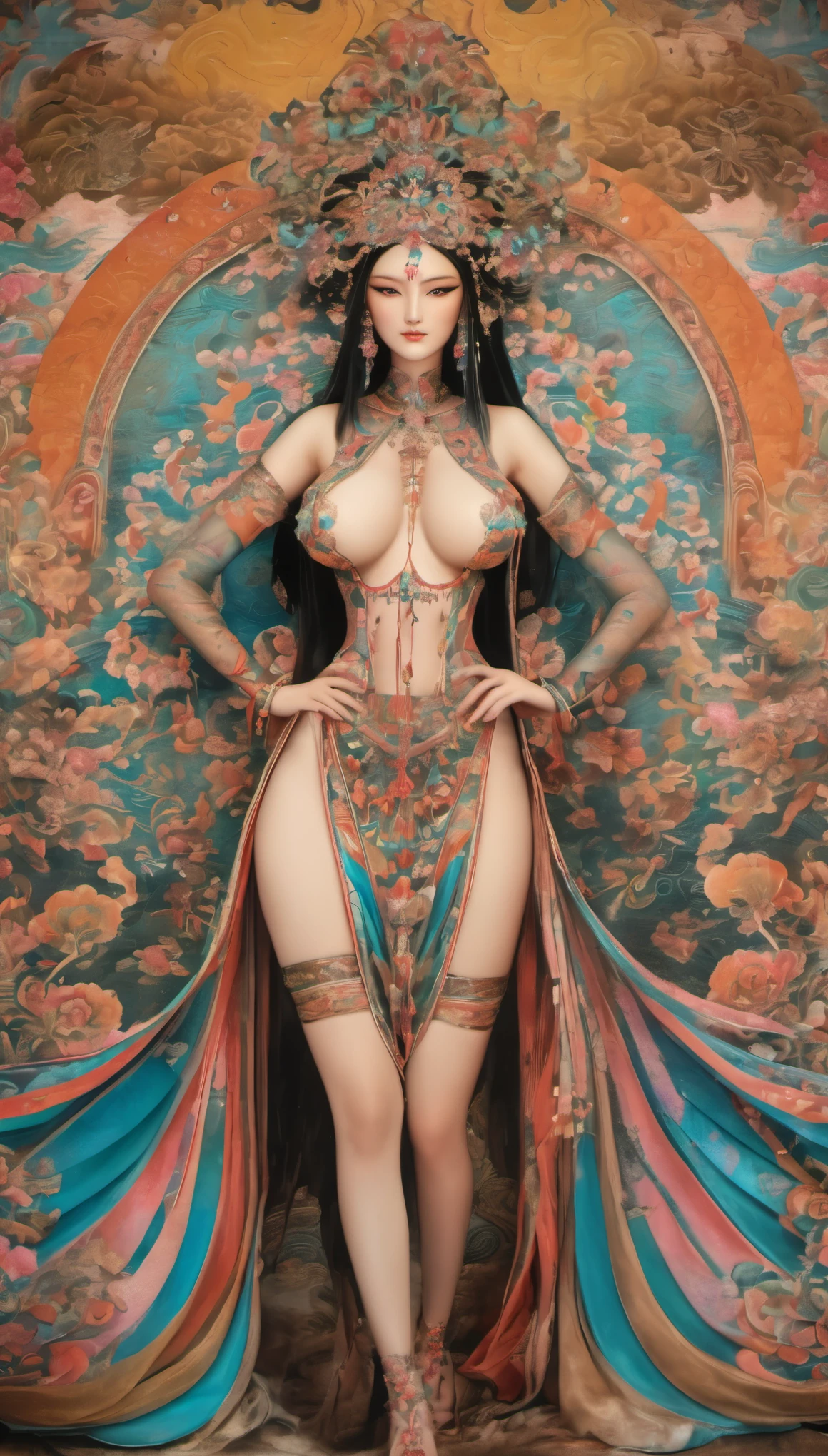 (masterpiece, best quality:1.2), 1girl, solo，Xill，a seductive female figure adorned in Dunhuang Feitian-inspired attire, exuding an alluring and enchanting aura. The elaborate and opulent costume features intricate details and vibrant colors, symbolizing sensuality and mystique. The background is decadently ornate, with rich, decadent textures and patterns creating a sinful yet captivating atmosphere. The composition is symmetrical, emphasizing balance and harmony in the visual presentation. The scene is captured in a dramatic, high angle shot, accentuating the woman's bewitching presence. This provocative image