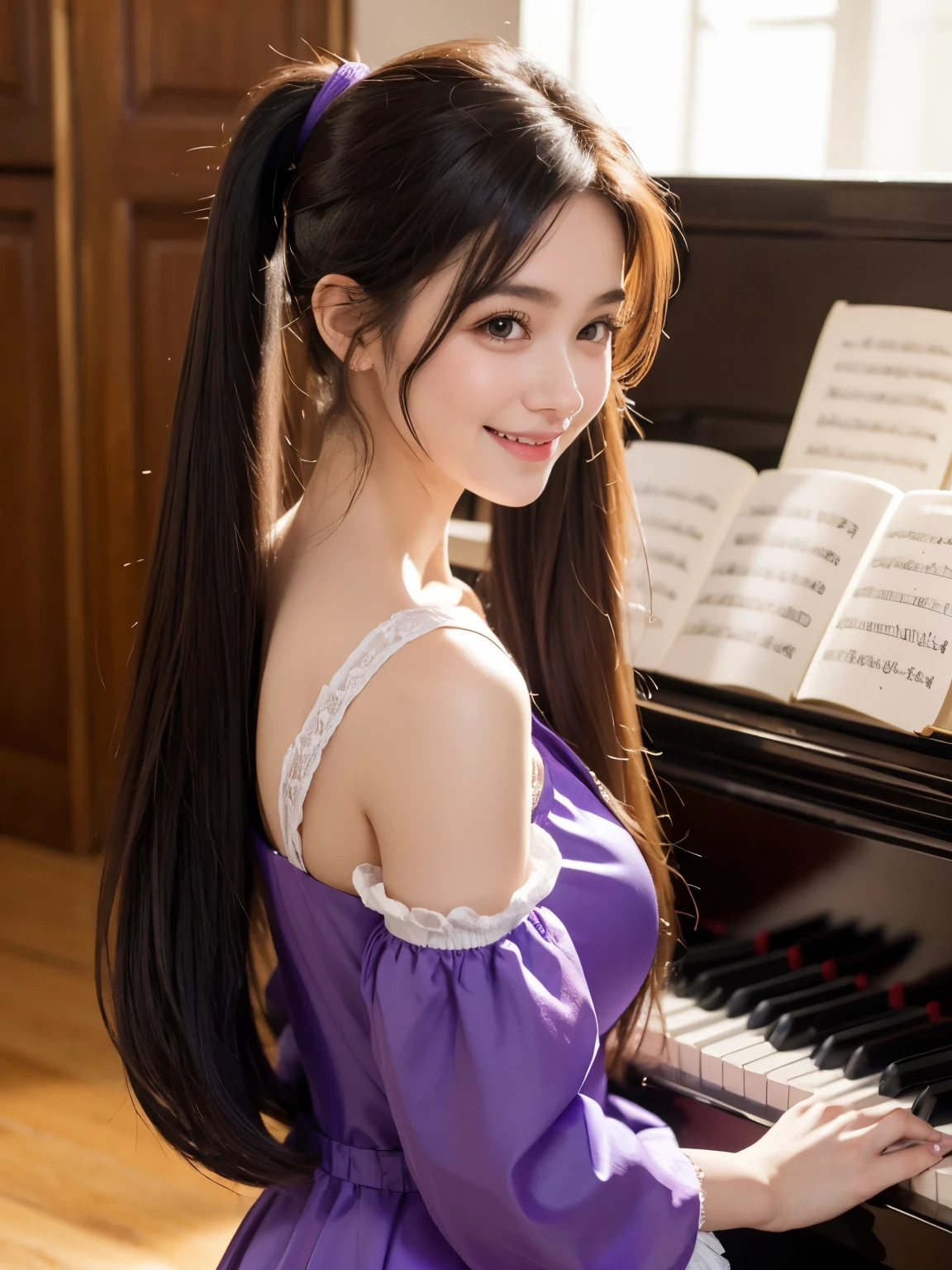 cute girl big breasts , cute outfit , cute smile , pony tail very very very long long hair rapunzel , purple, playing piano 